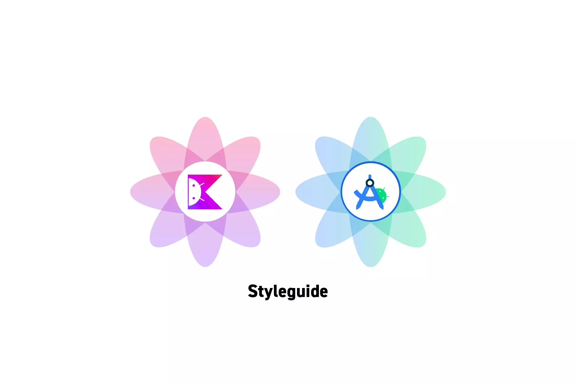 Two flowers that represent Kotlin and Android Studio side by side. Beneath them sits the text "Styleguide."