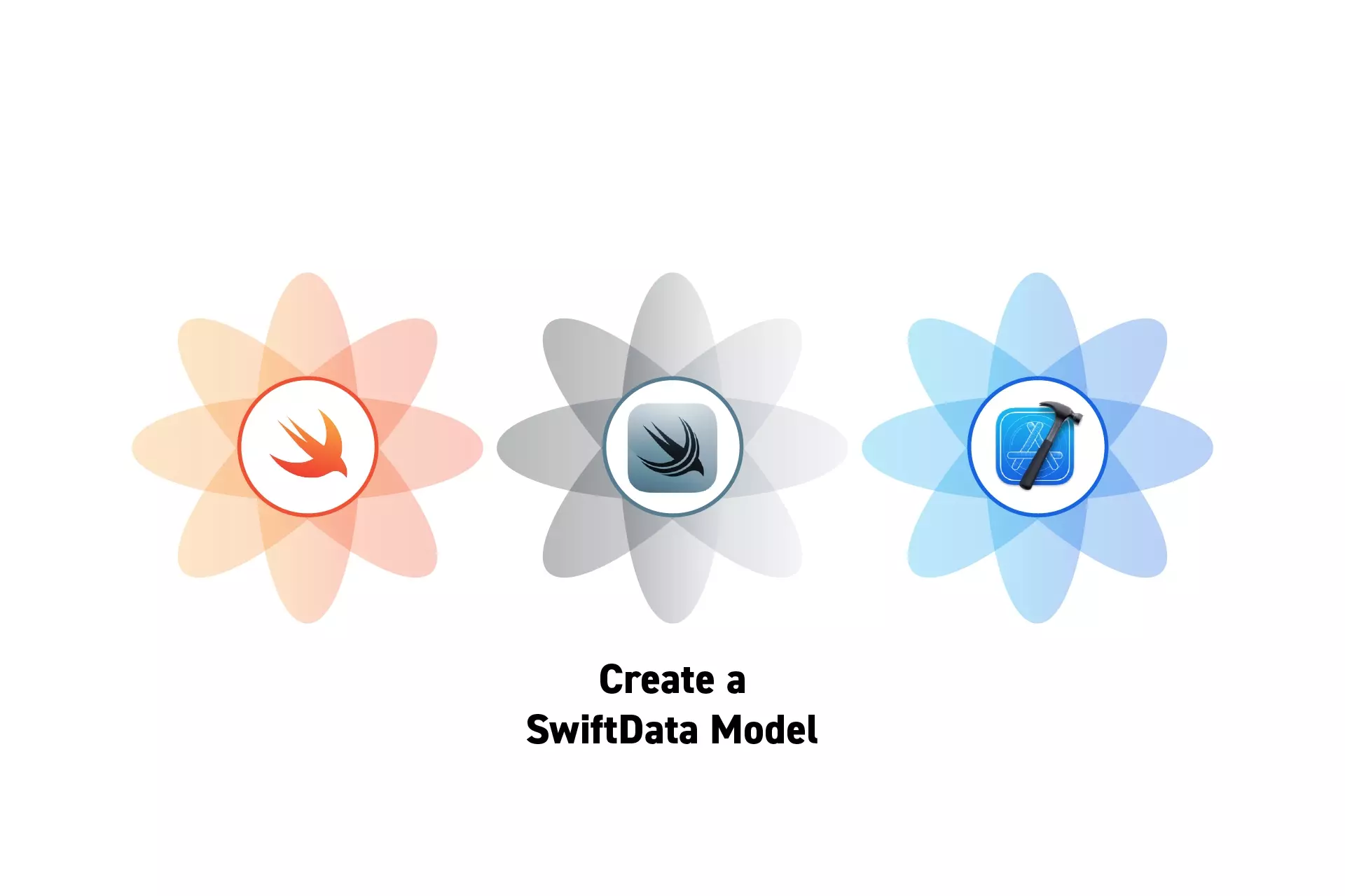Three flowers that represent Swift, Swift Data and Xcode.  The text "Create a SwiftData Model" sits beneath them.