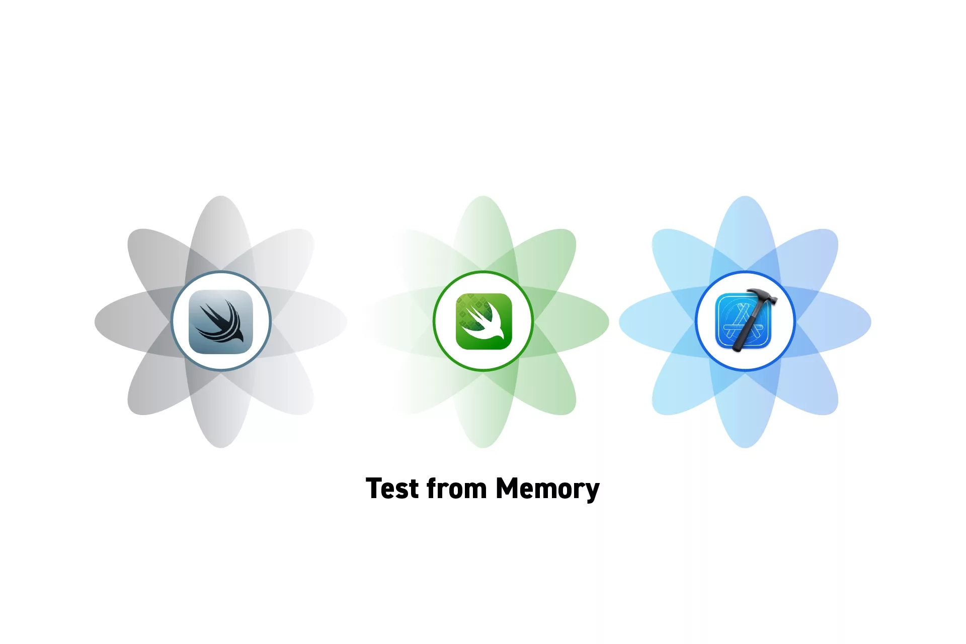 Three flowers that represent SwiftData, Swift Testing and XCode side by side. Beneath them sits the text "Test from Memory".