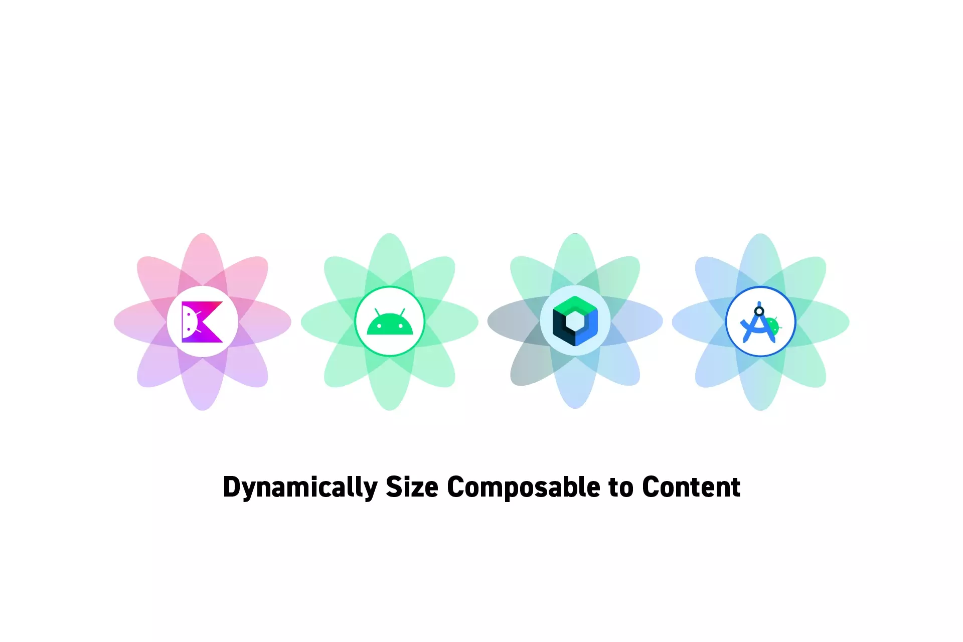 Four flowers that represent Kotlin, Android, Jetpack Compose and Android Studio side by side. Beneath them sits the text “Dynamically Size Composable to Content.”