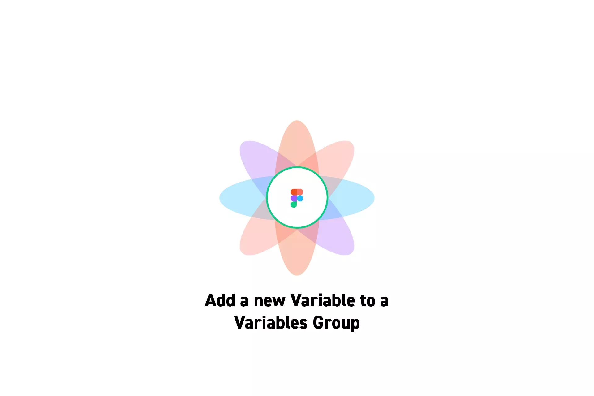 A flower that represents Figma with the text "Add a new Variable to a<br />Variables Group" beneath it.