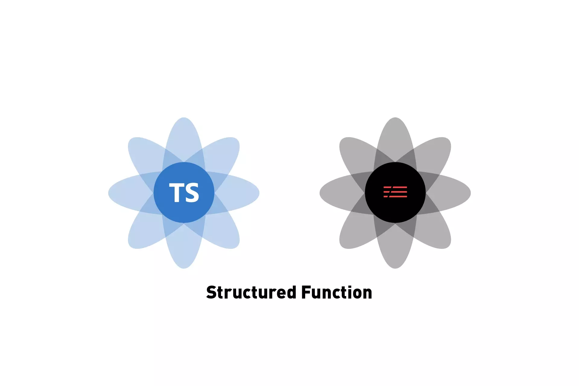 Two flowers that represent Serverless & Typescript side by side. Beneath it sits the text "Structured Function".