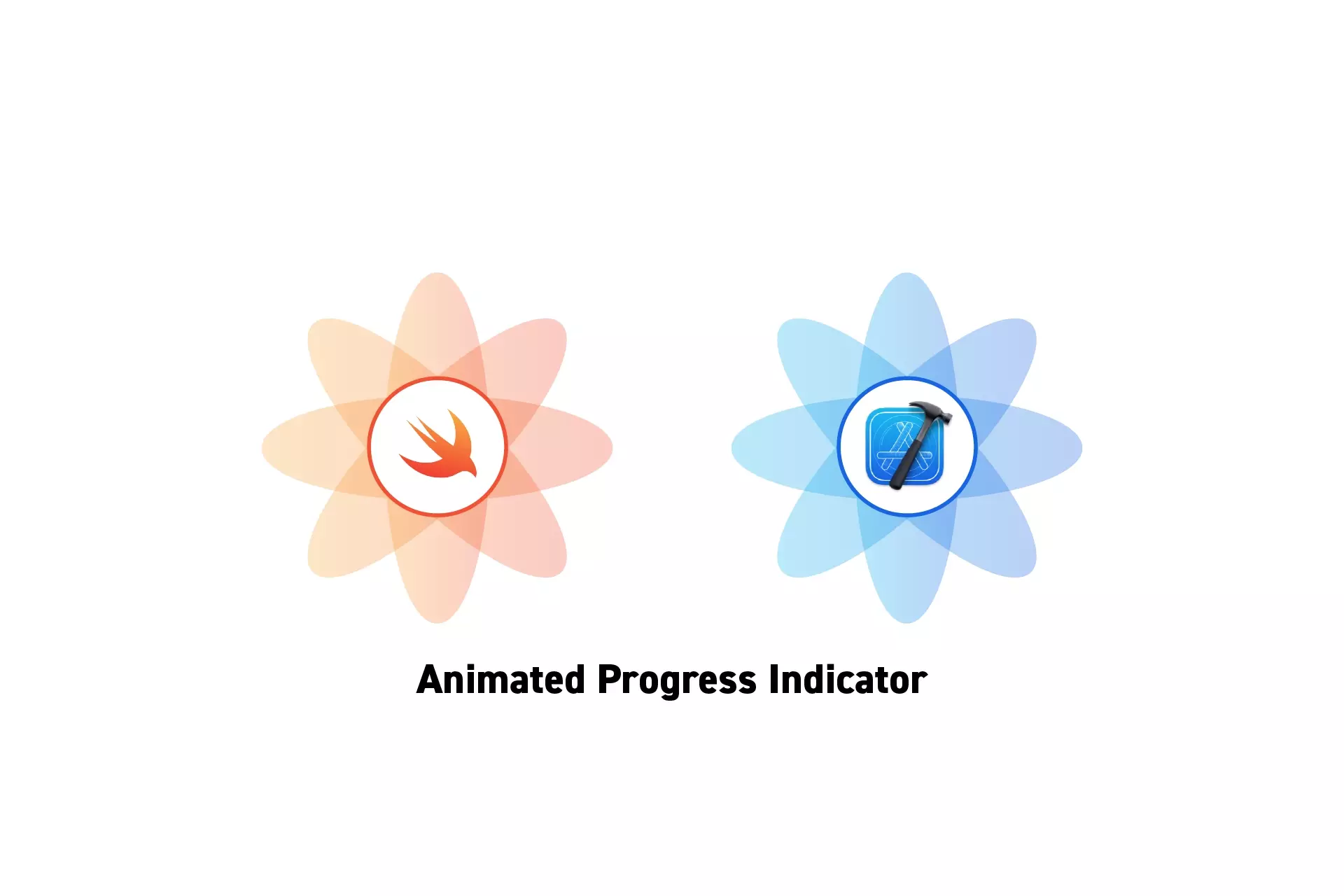 Two flowers that represent Swift and Xcode side by side with the text "Animated Progress Indicator" beneath them.