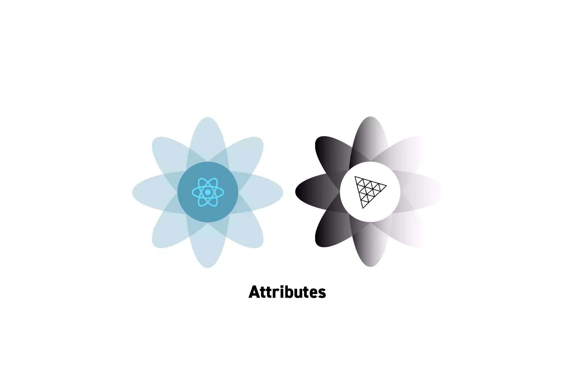 Two flowers that represent ReactJS and ThreeJS side by side. Beneath them sits the text "Attributes."