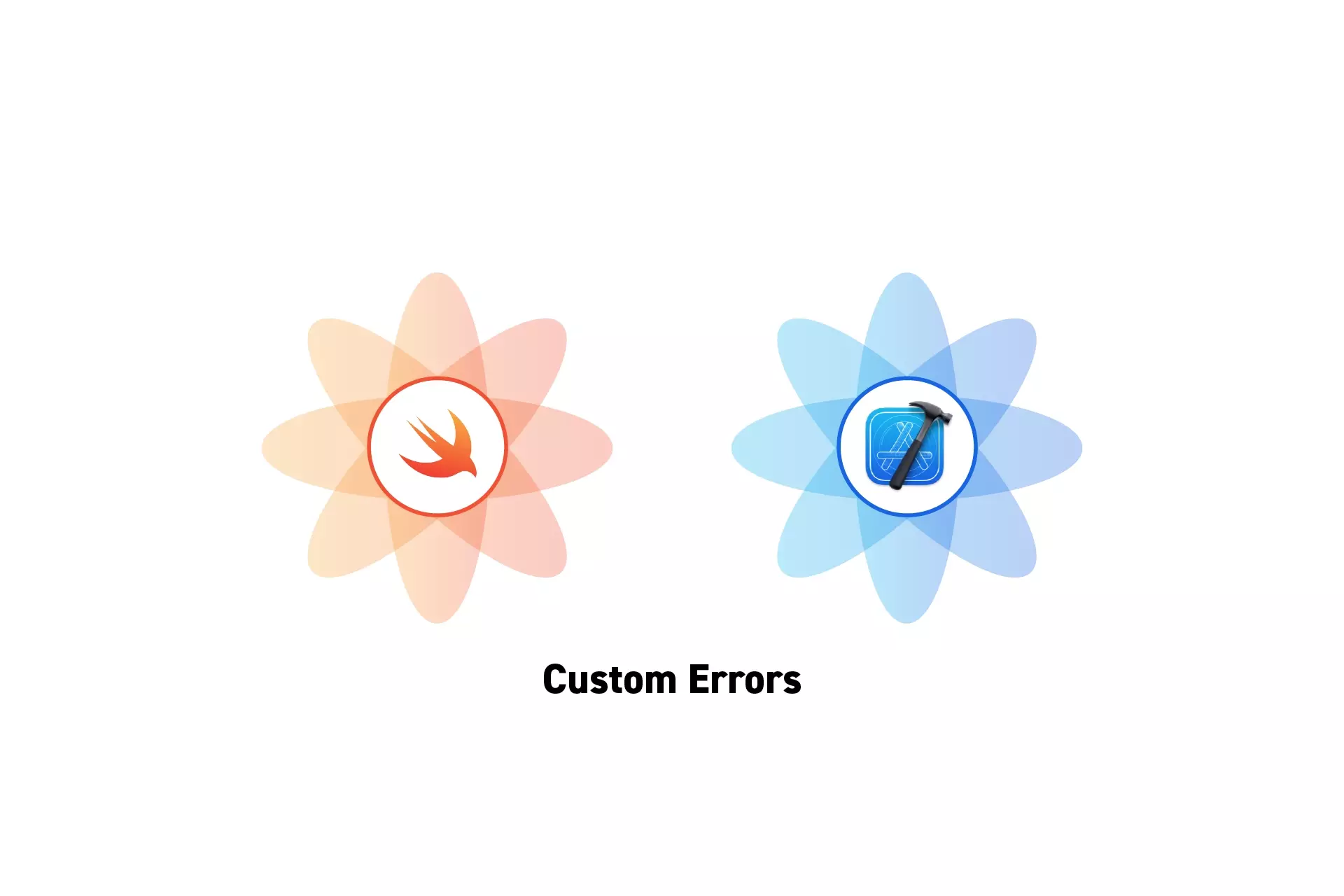 Two flowers that represent Swift and XCode side by side. Beneath them sits the text "Custom Errors."
