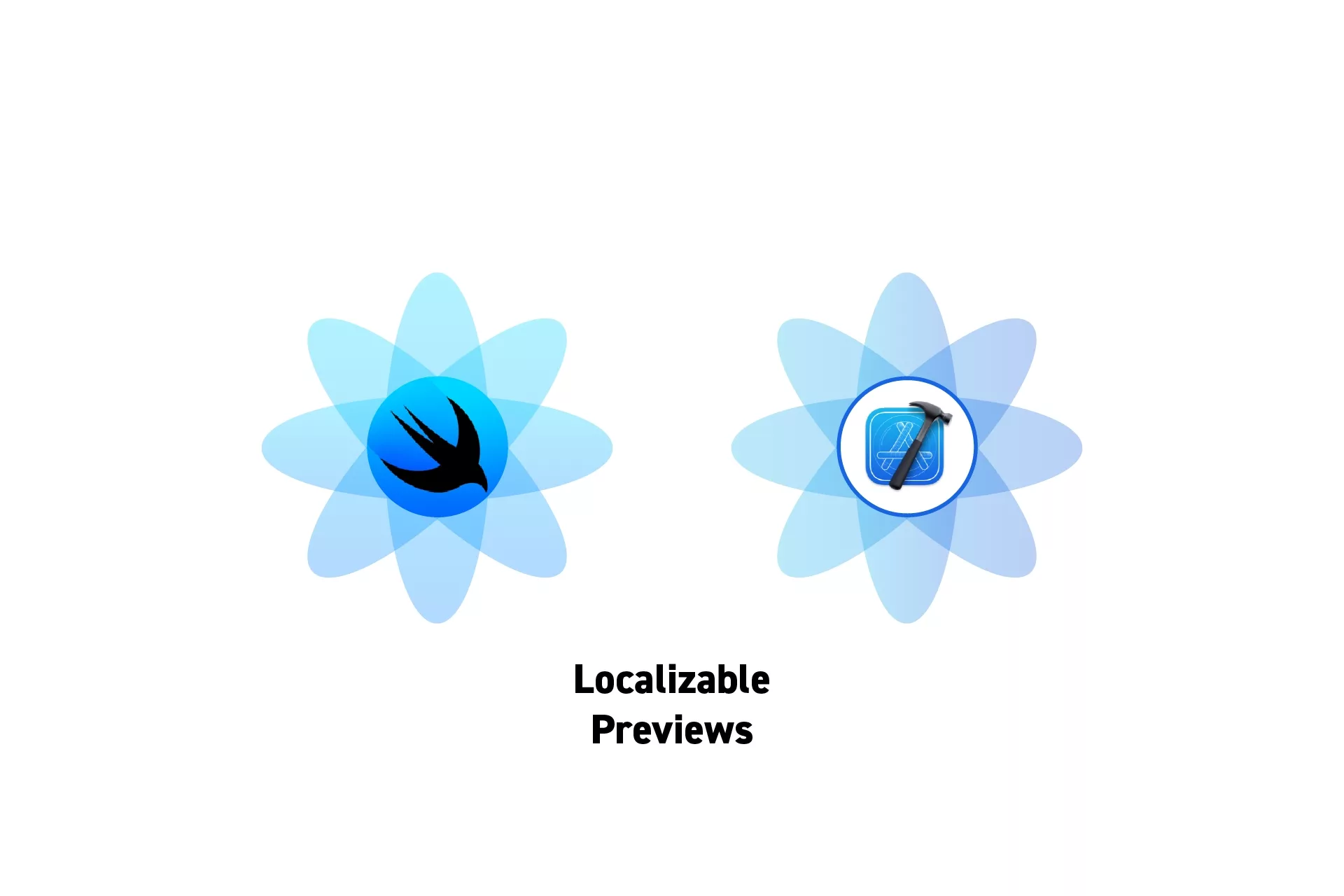 Two flowers that represent SwiftUI and XCode side by side. Beneath them sits the text "Localizable Previews."