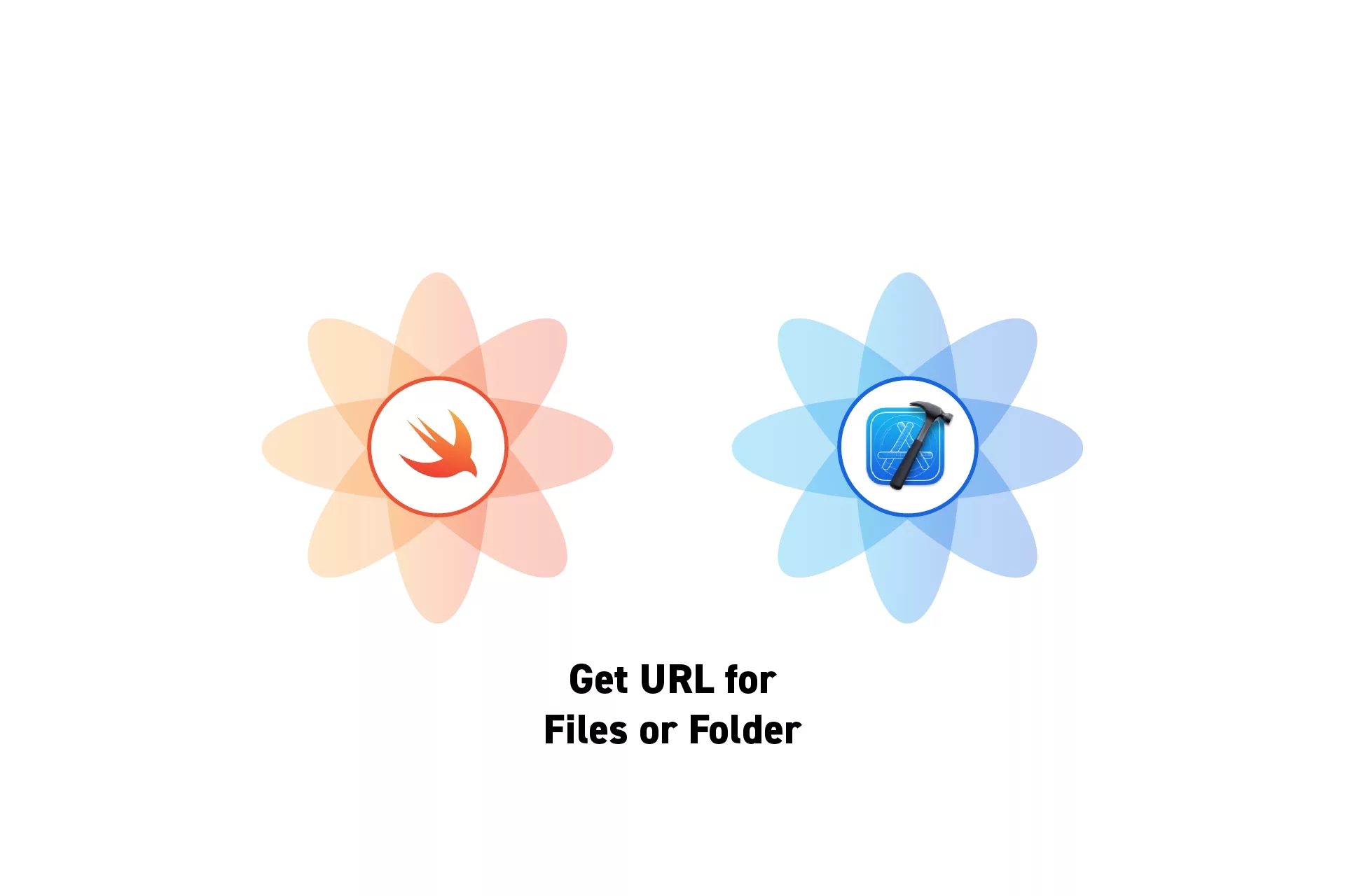 Two flowers that represent Swift and XCode with the text "Get URL for Files or Folder" beneath them.