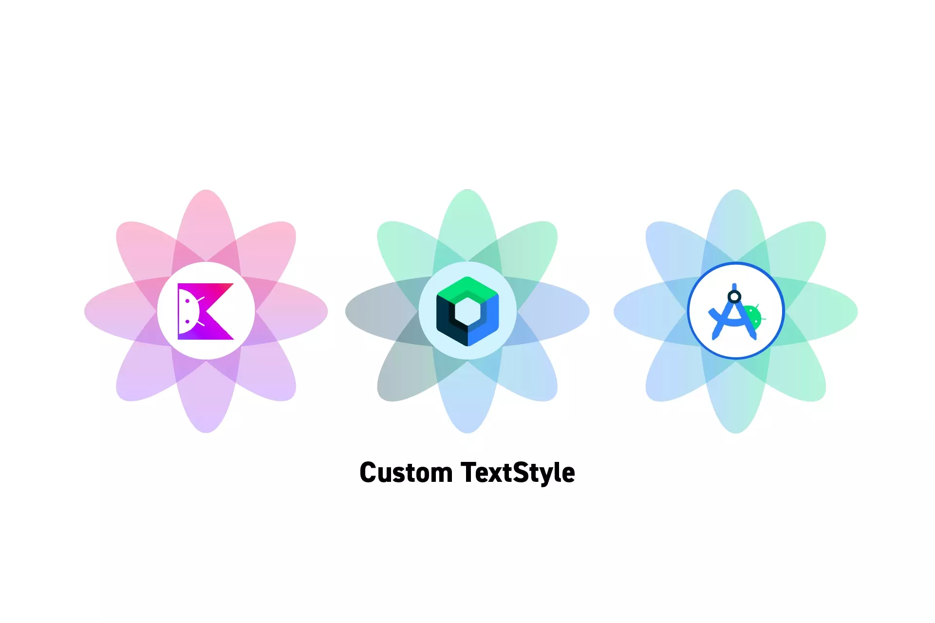 Three flowers that represent Kotlin, Jetpack Compose and Android Studio side by side. Beneath them sits the text “*.”