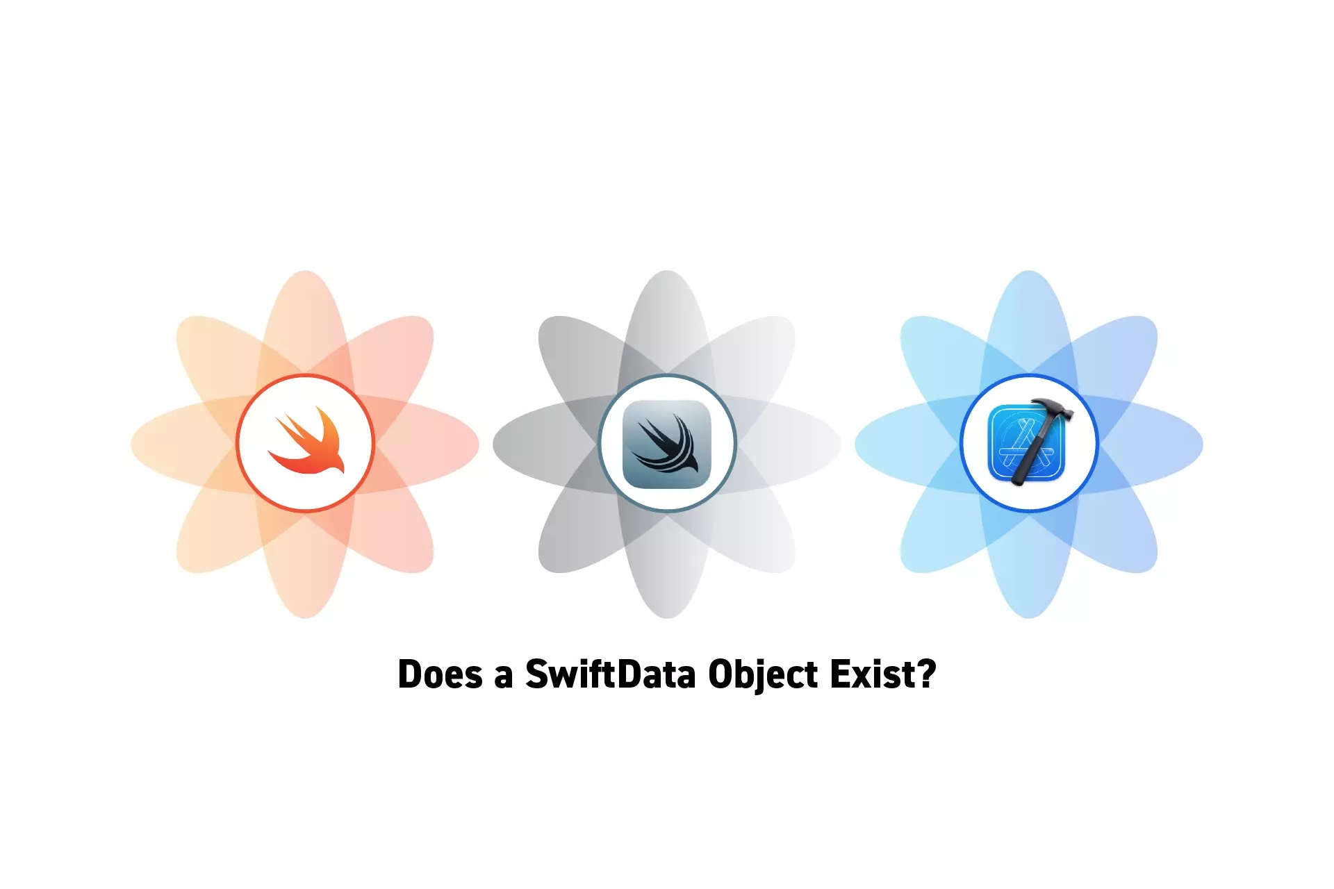 Three flowers that represent Swift, Swift Data and Xcode.  The text "Does a SwiftData object exist?" sits beneath them.