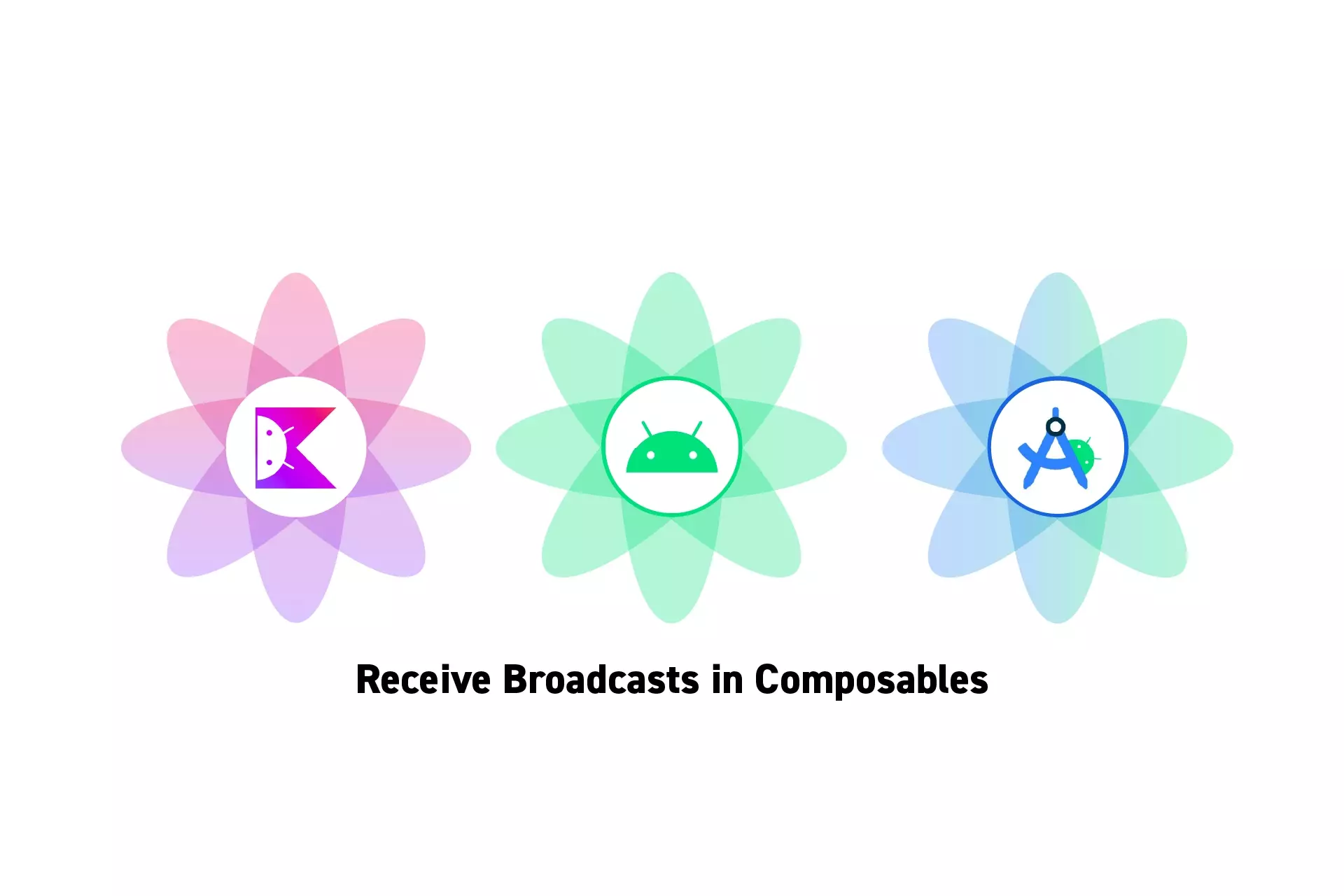 Three flowers that represent Kotlin, Android and Android Studio side by side. Beneath them sits the text “Receive Broadcasts in Composables.”