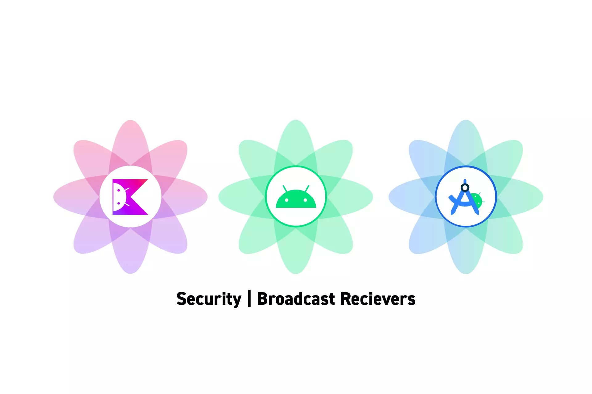 Three flowers that represent Kotlin, Android and Android Studio side by side. Beneath them sits the text “Security | Broadcast Recievers.”