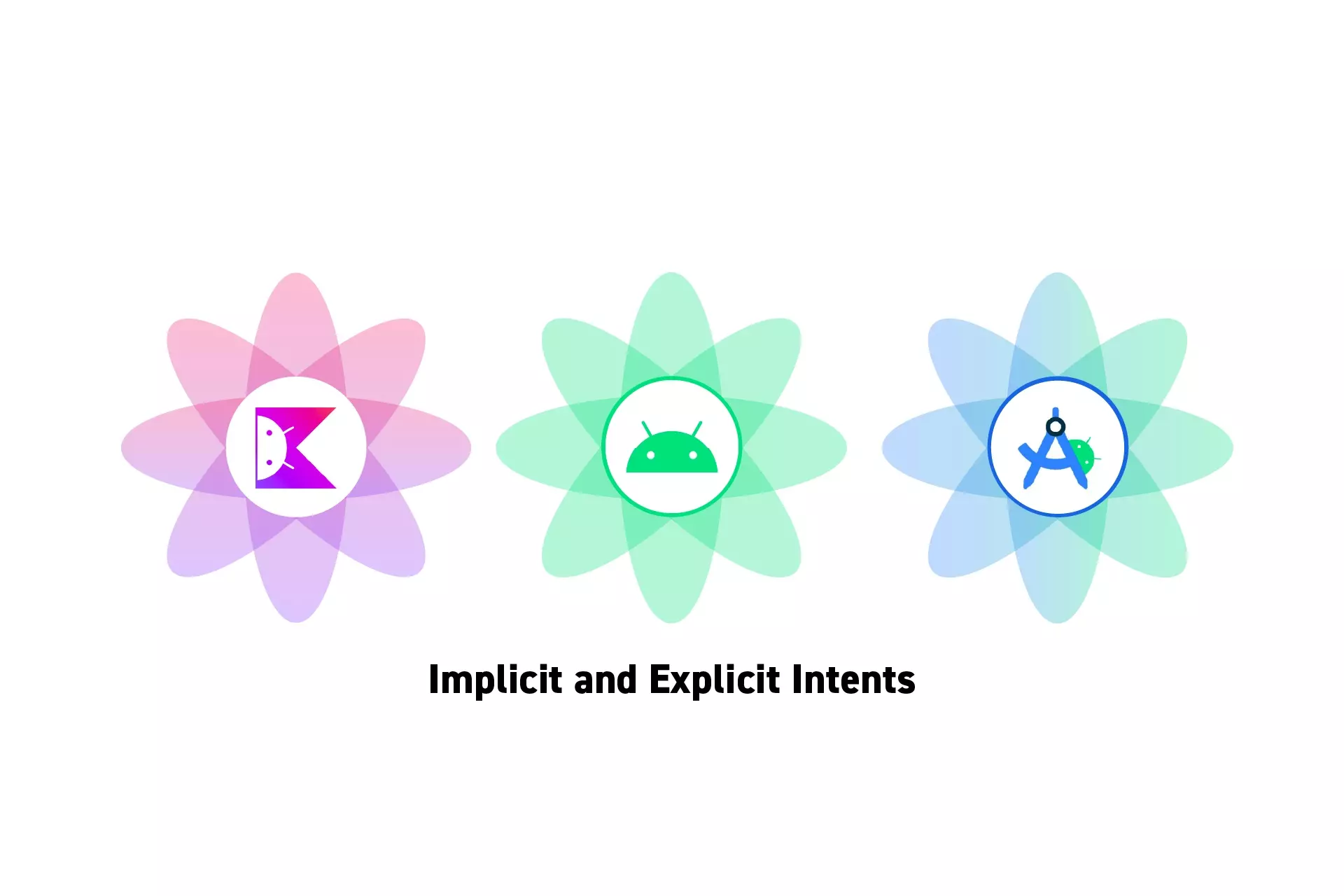 Three flowers that represent Kotlin, Android and Android Studio side by side. Beneath them sits the text “Implicit and Explicit Intents.”