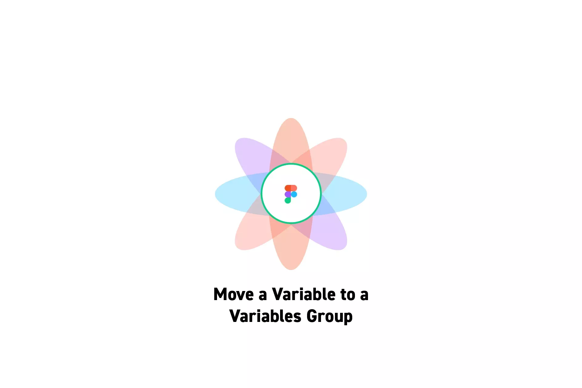 A flower that represents Figma with the text "Move a Variable to a<br />Variables Group" beneath it.