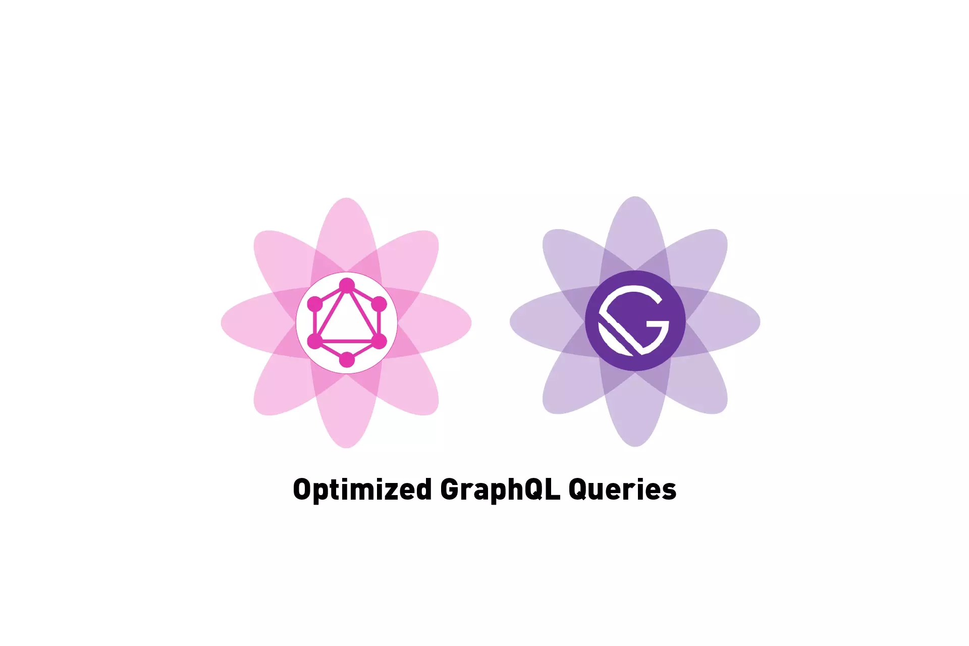 A flower that represents GraphQL next to one that represents GatsbyJS. Beneath it sits the text "Optimized GraphQL Queries".