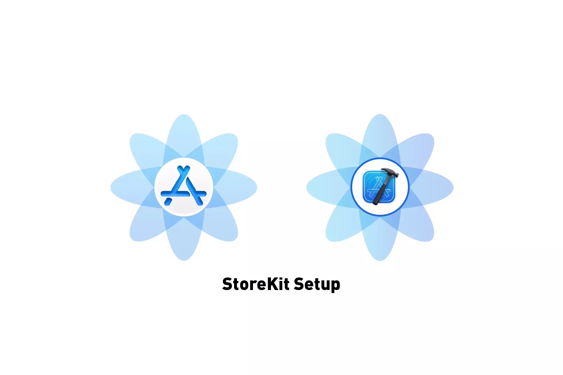 A flower that represents App Store Connect next to one that represents Xcode. Beneath it sits the text "StoreKit Setup."