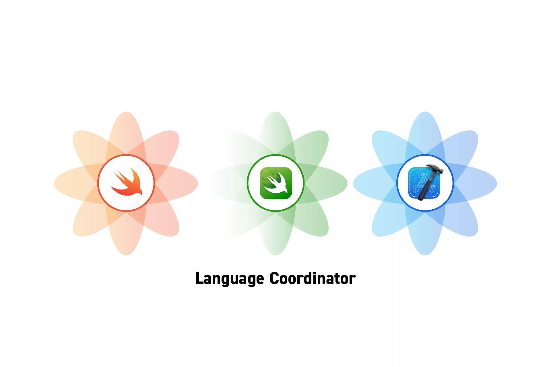 Three flowers that represent Swift, Swift Testing and XCode side by side. Beneath them sits the text "Language Coordinator".