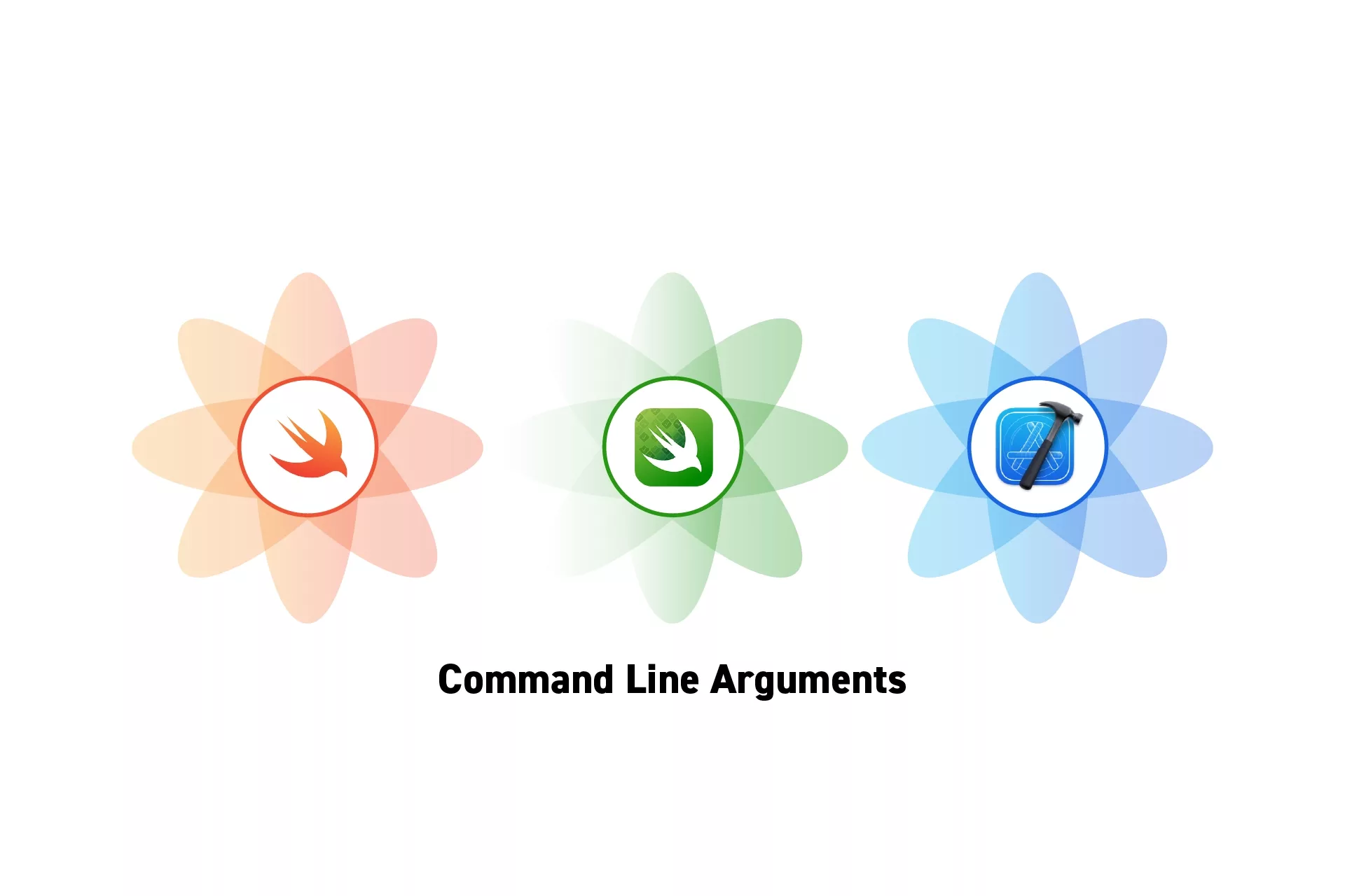 Three flowers that represent Swift, Swift Testing and XCode side by side. Beneath them sits the text "Command Line Arguments".