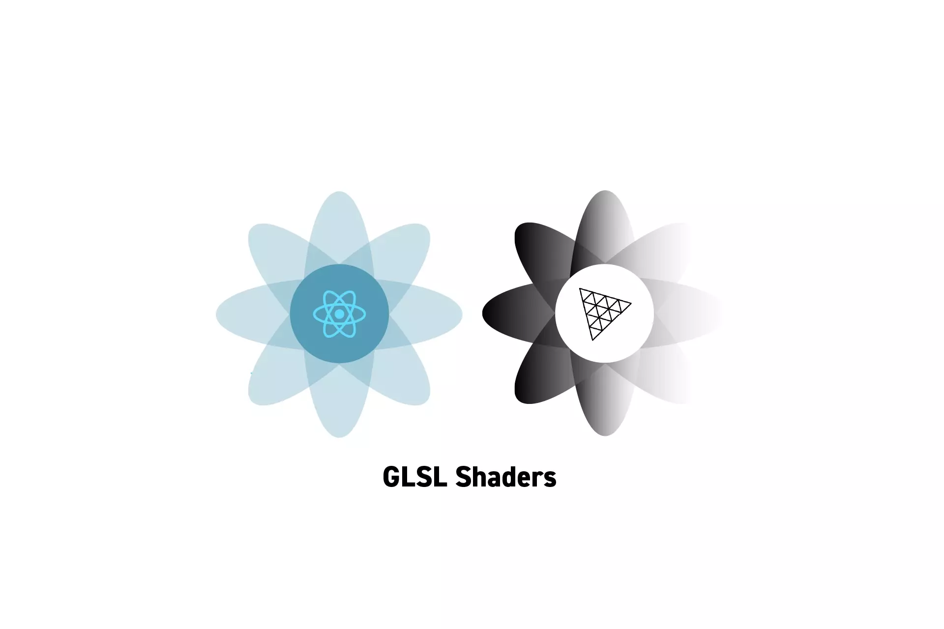 Two flowers that represent ReactJS and ThreeJS. Beneath them sits the text GLSL shader.