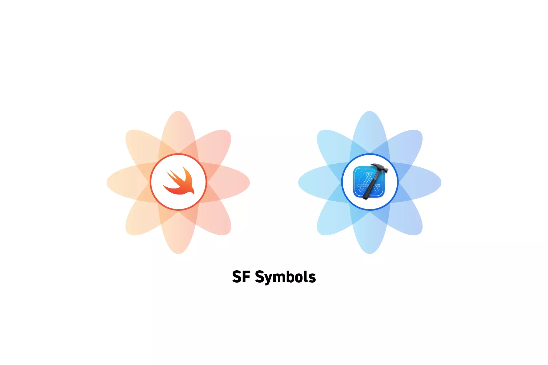 Two flowers that represent Swift and Xcode side by side. Beneath them sits the text "SF Symbols."