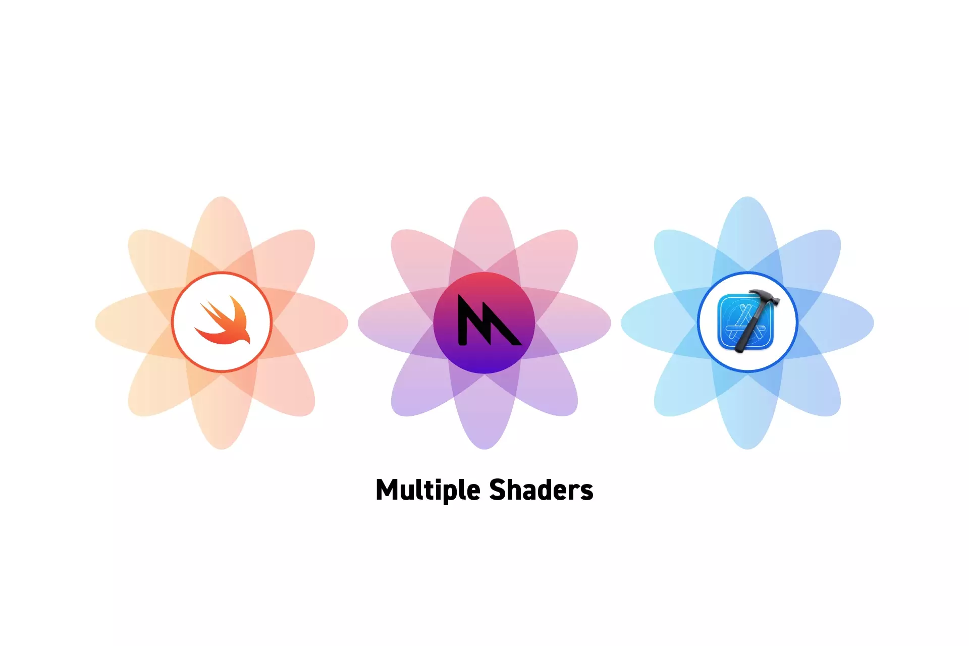 Three flowers that represent Swift, Metal and Xcode with the text "Multiple Shaders" beneath it.