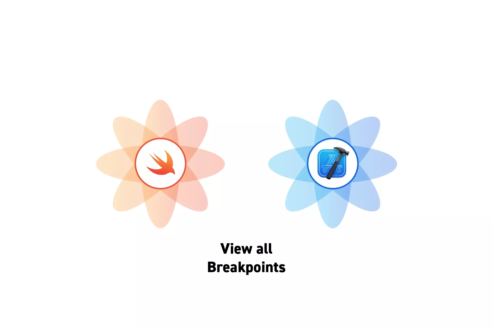 Two flowers that represent Swift and XCode side by side. Beneath them sits the text “View all Breakpoints”.