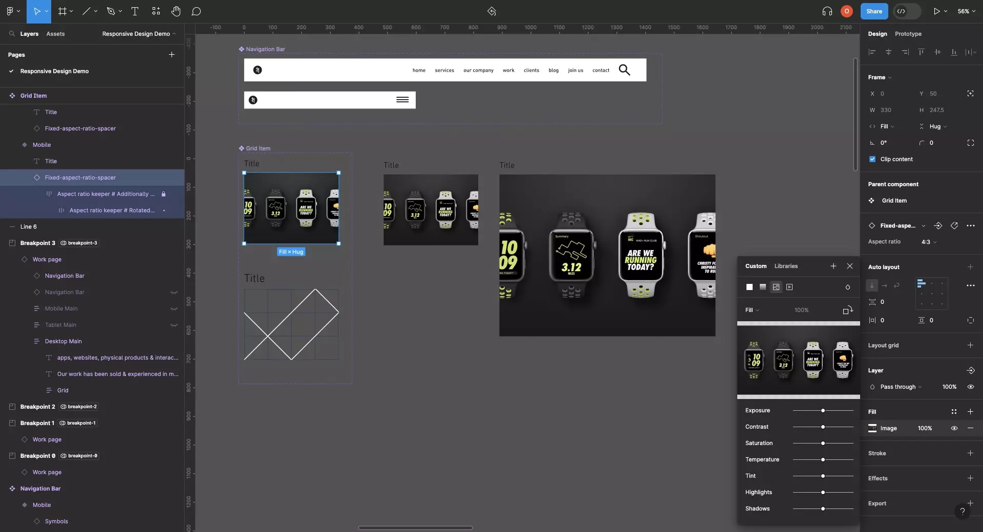 A screenshot of Figma showing that the component has been updated to use the image of our Apple Watch Nike+ project.