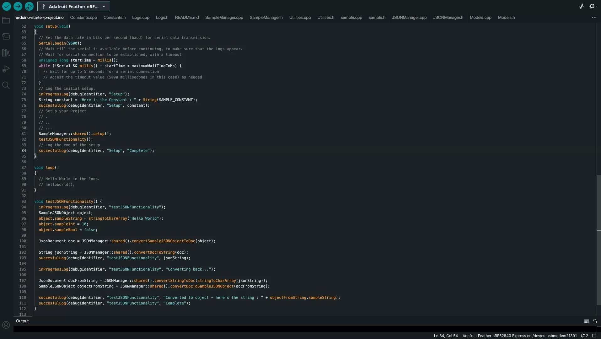 A screenshot of the Arduino IDE showing the functionality that we created to test that objects can be converted to strings and back.