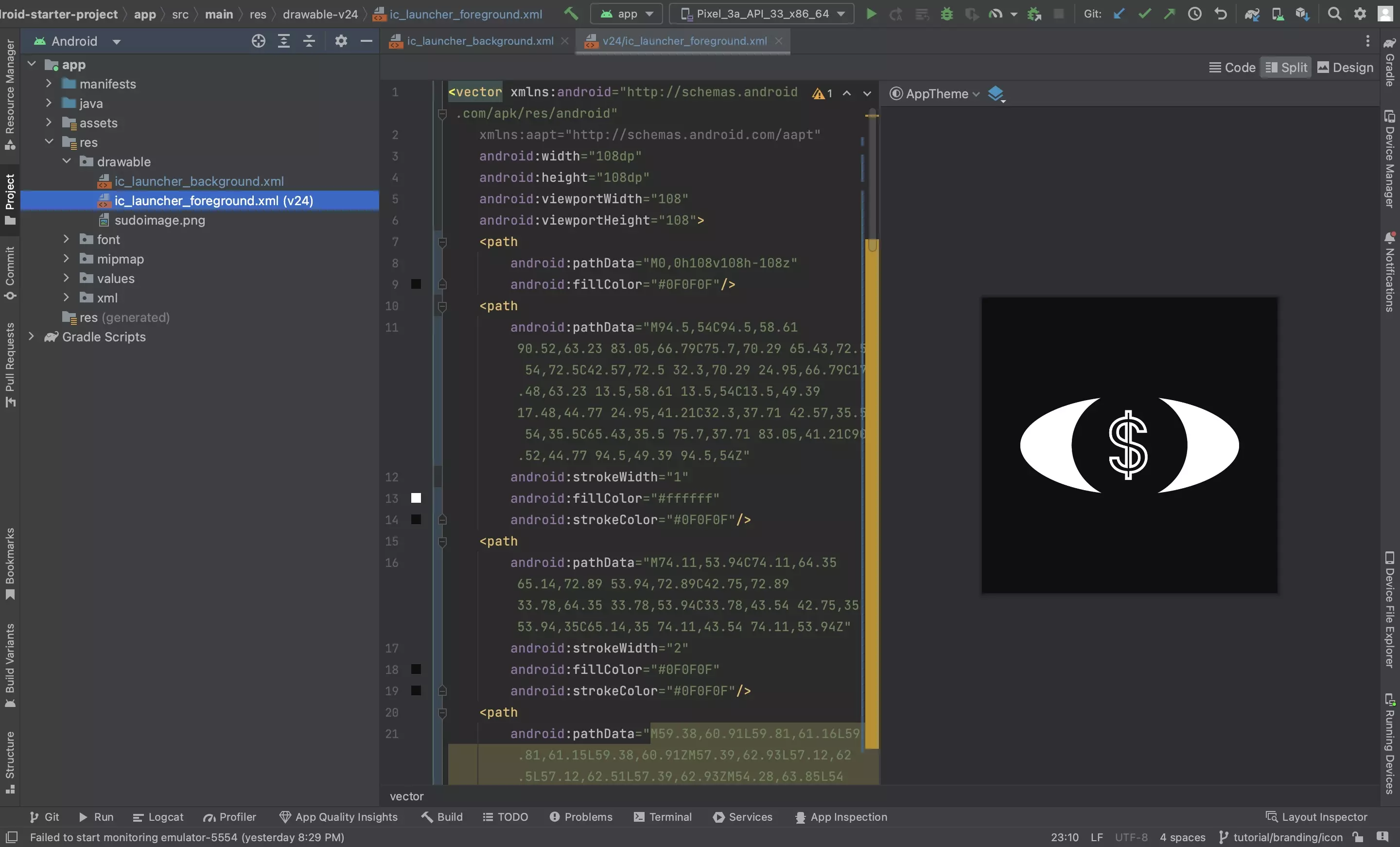 A screenshot of Android Studio showing ic_launcher_foreground.xml file. It shows that we have modified the code to apply android specific syntax.