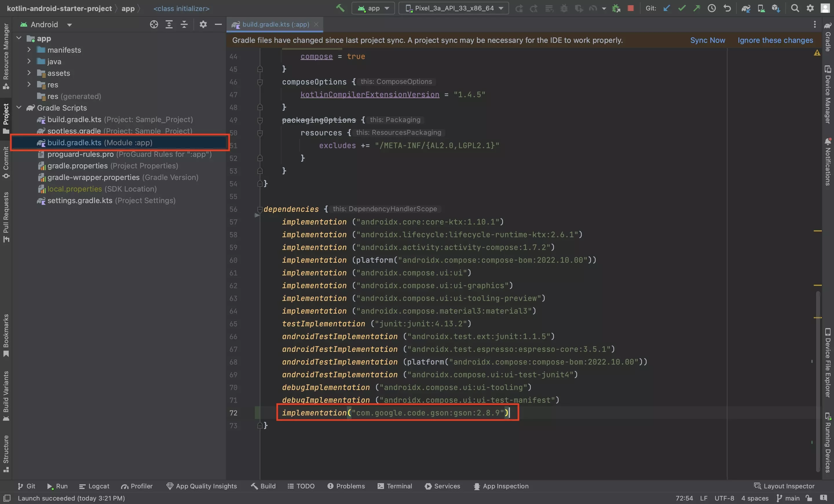 A screenshot of Android Studio showing the build.gradle.kts (Module :app) open. Highlighted is the Gson dependency that we have added to the app. Code available below.