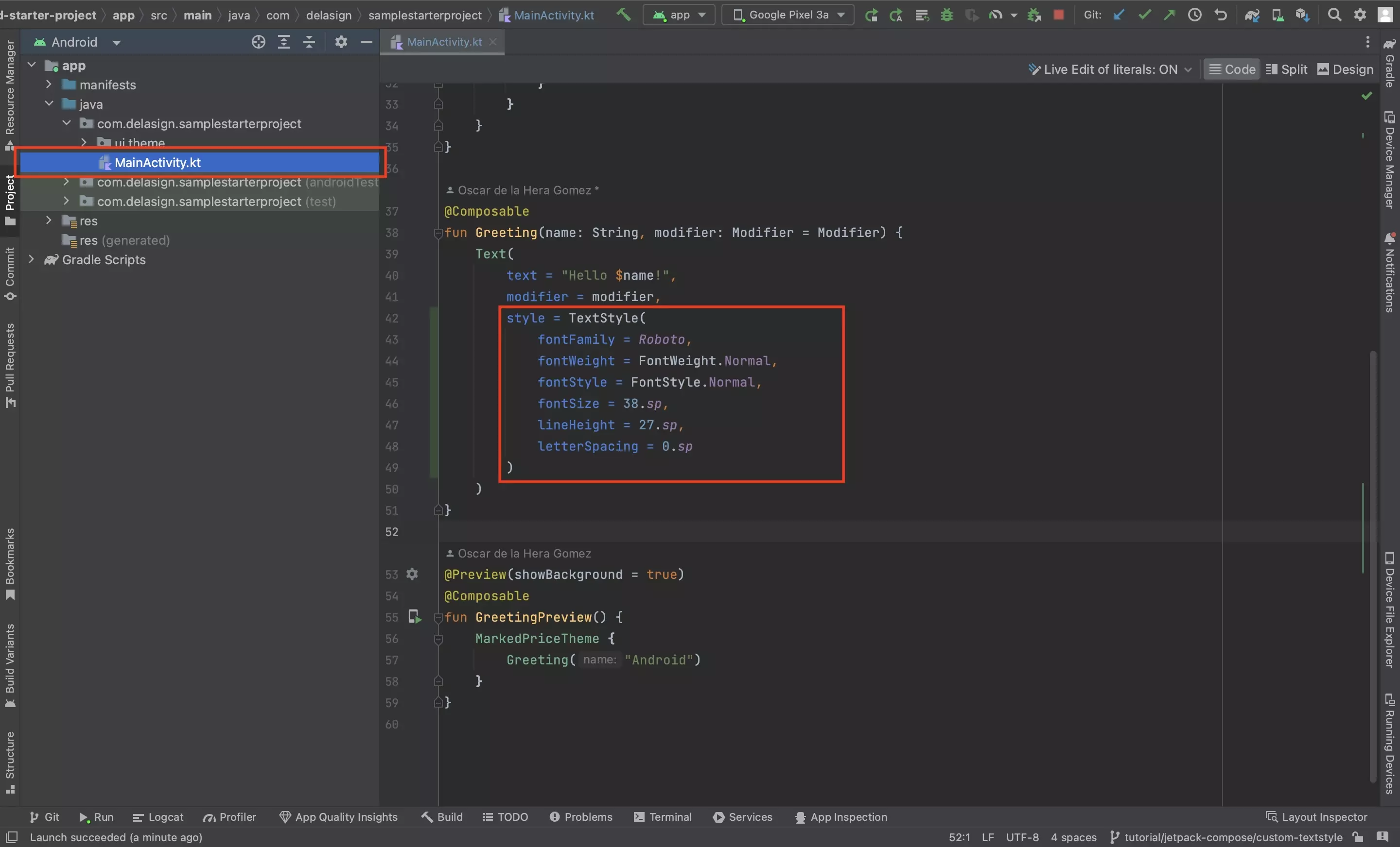 A screenshot of Android Studio showing you how to implement a custom Jetpack Compose TextStyle. Sample code below.