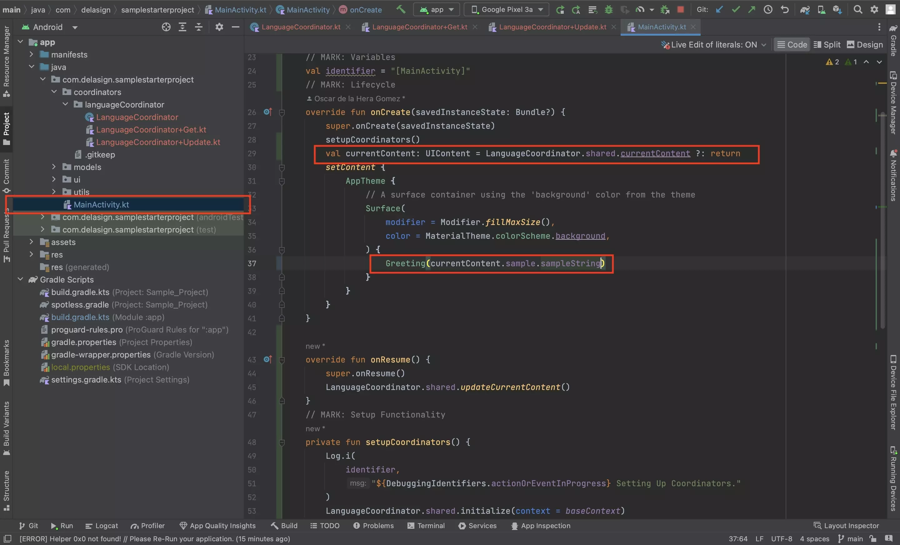 A screenshot of Android Studio showing how to implement the content of the Language Coordinator in the MainActivity.kt file.