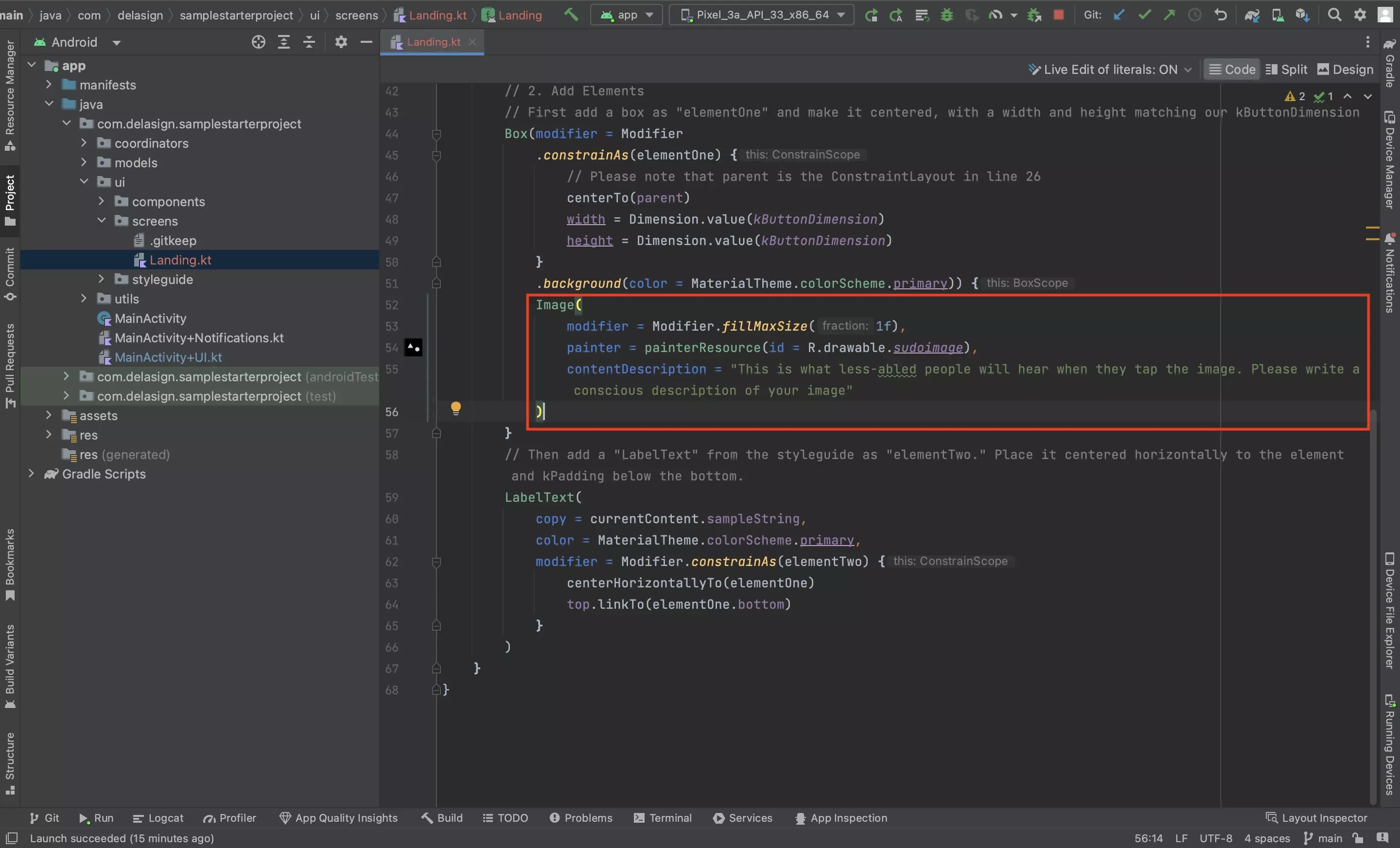 A screenshot of Android Studio showing the implementation of the image through the code that is available below.