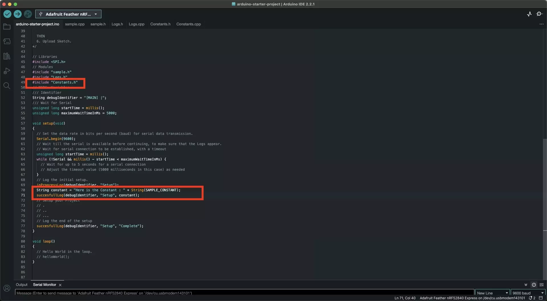 A screenshot of the Arduino IDE showing how we have included the Constants.h file in our Arduino ino file.  We have also highlighted how we have implemented the constant by writing the variable into the script.