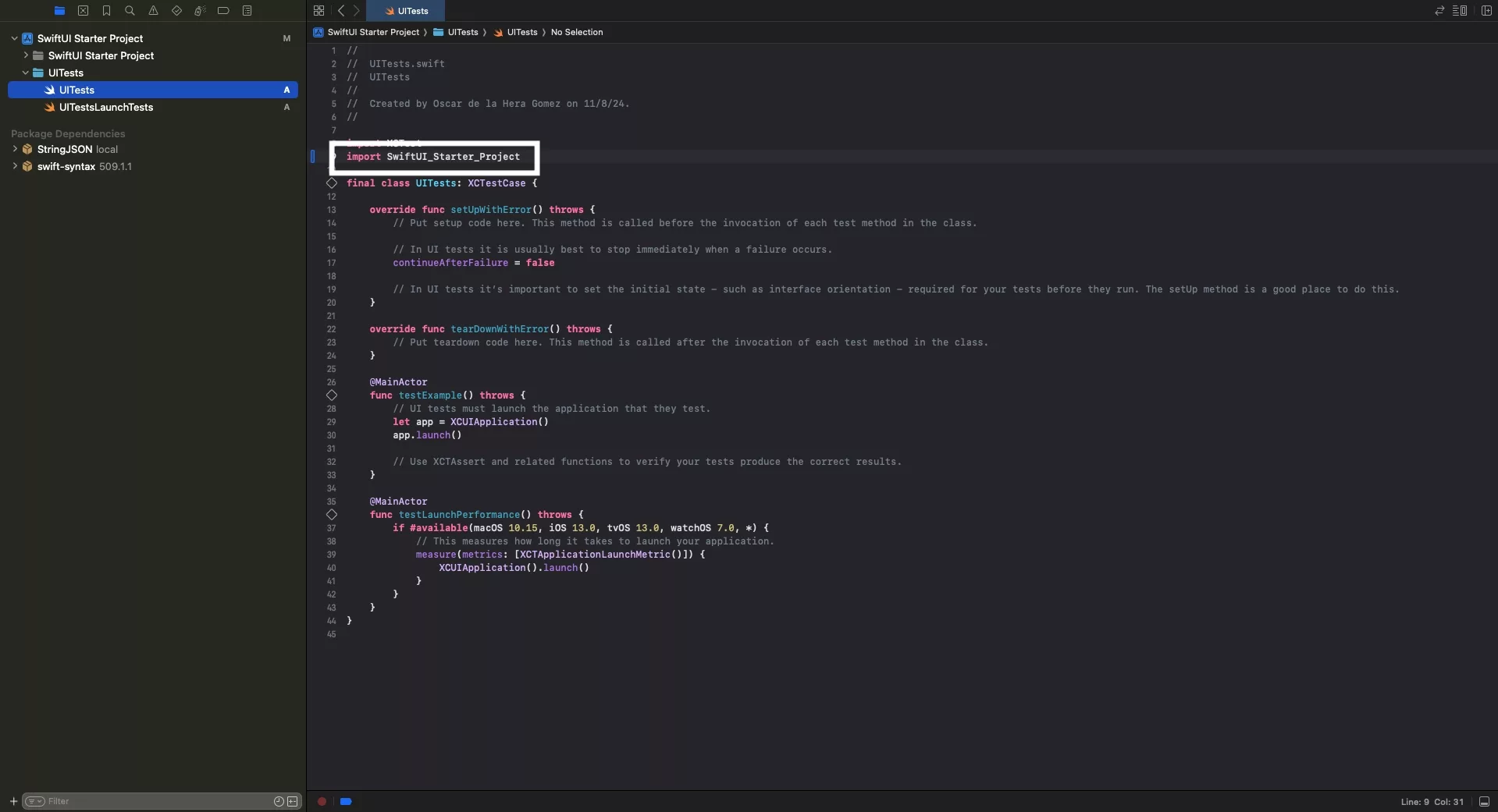 A screenshot of the UITests.swift file highlighting how we have imported the project to allow us to test parts of it.