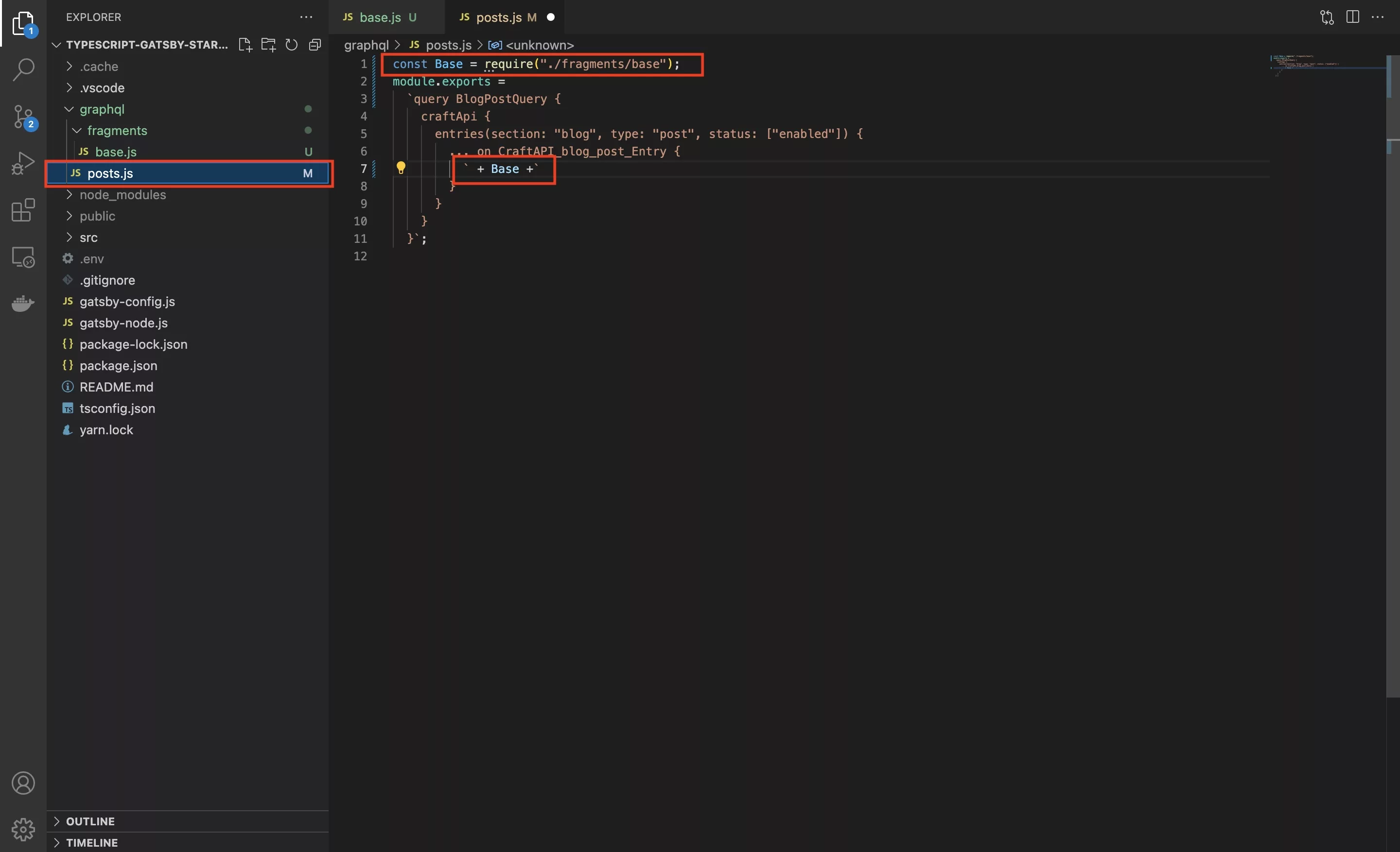 A screenshot of VSCode showing you how we imported the fragment into the query and applied it.