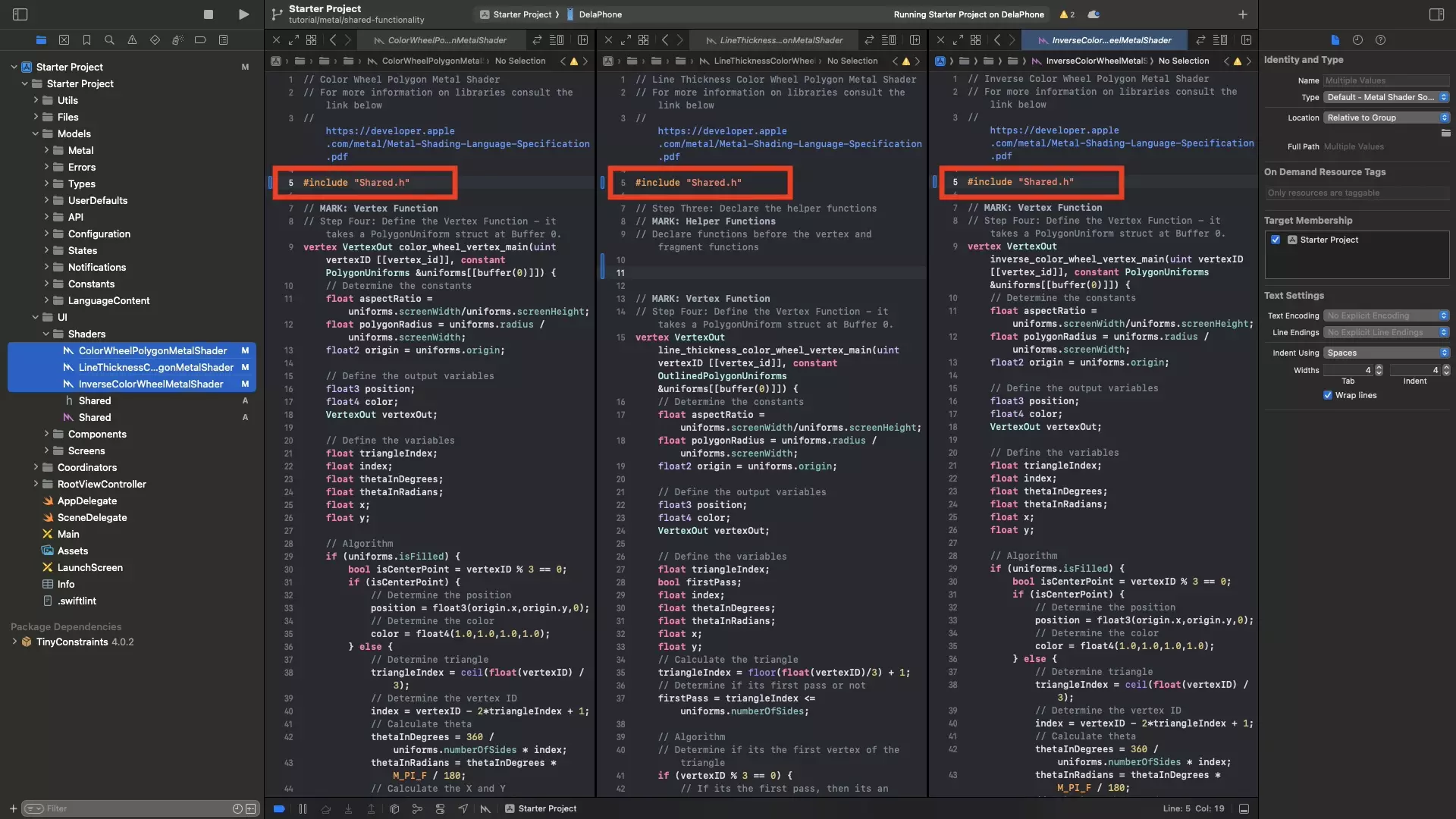 A screenshot of Xcode showing how three files include the shared.h file at the top of the metal file. Please note we removed any library (i.e. metal_stdlib) that was formerly included, as this is now within the Shared.h file.