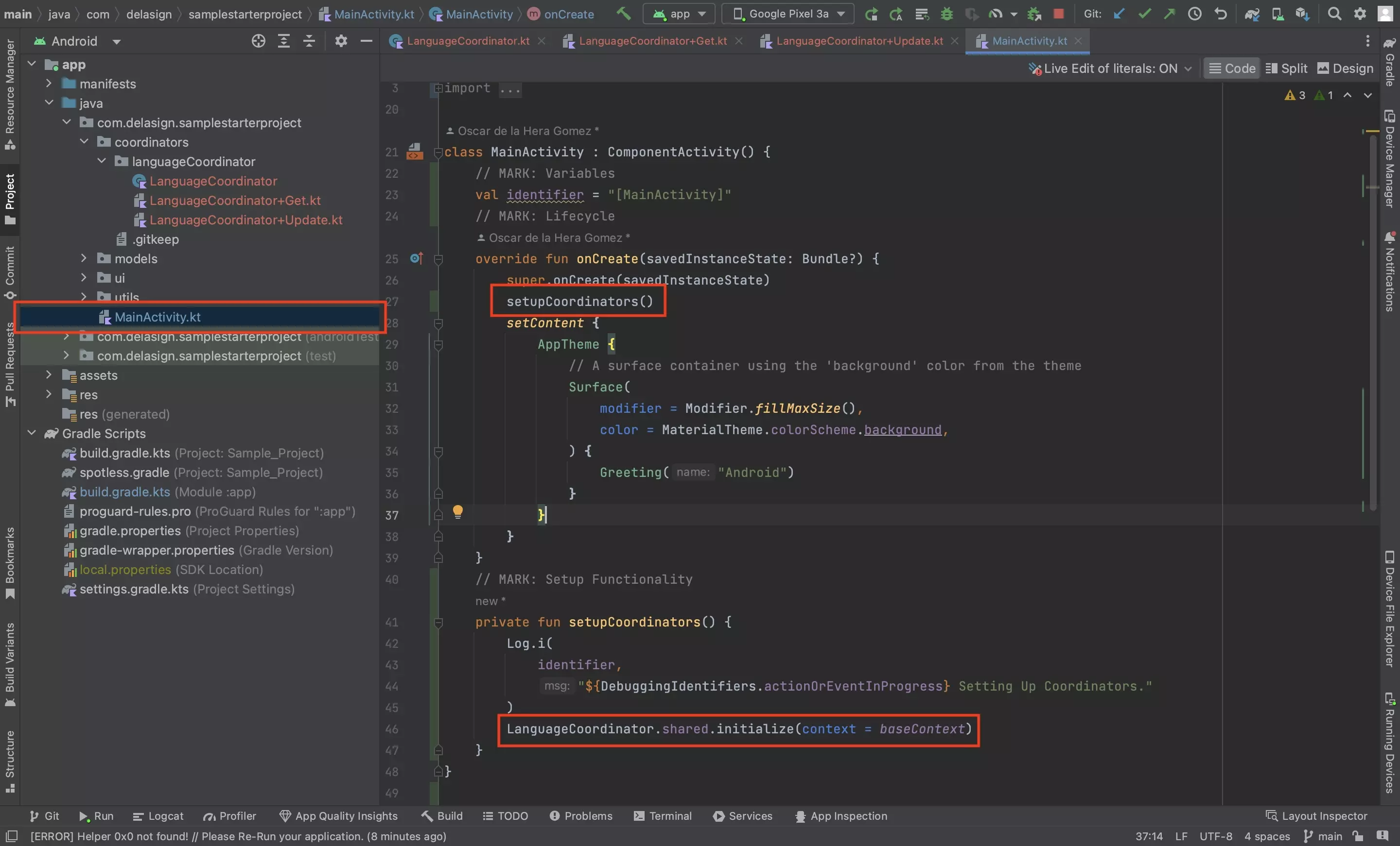 A screenshot of Android Studio showing how to initialize the Language Coordinator in the MainActivity.kt file.