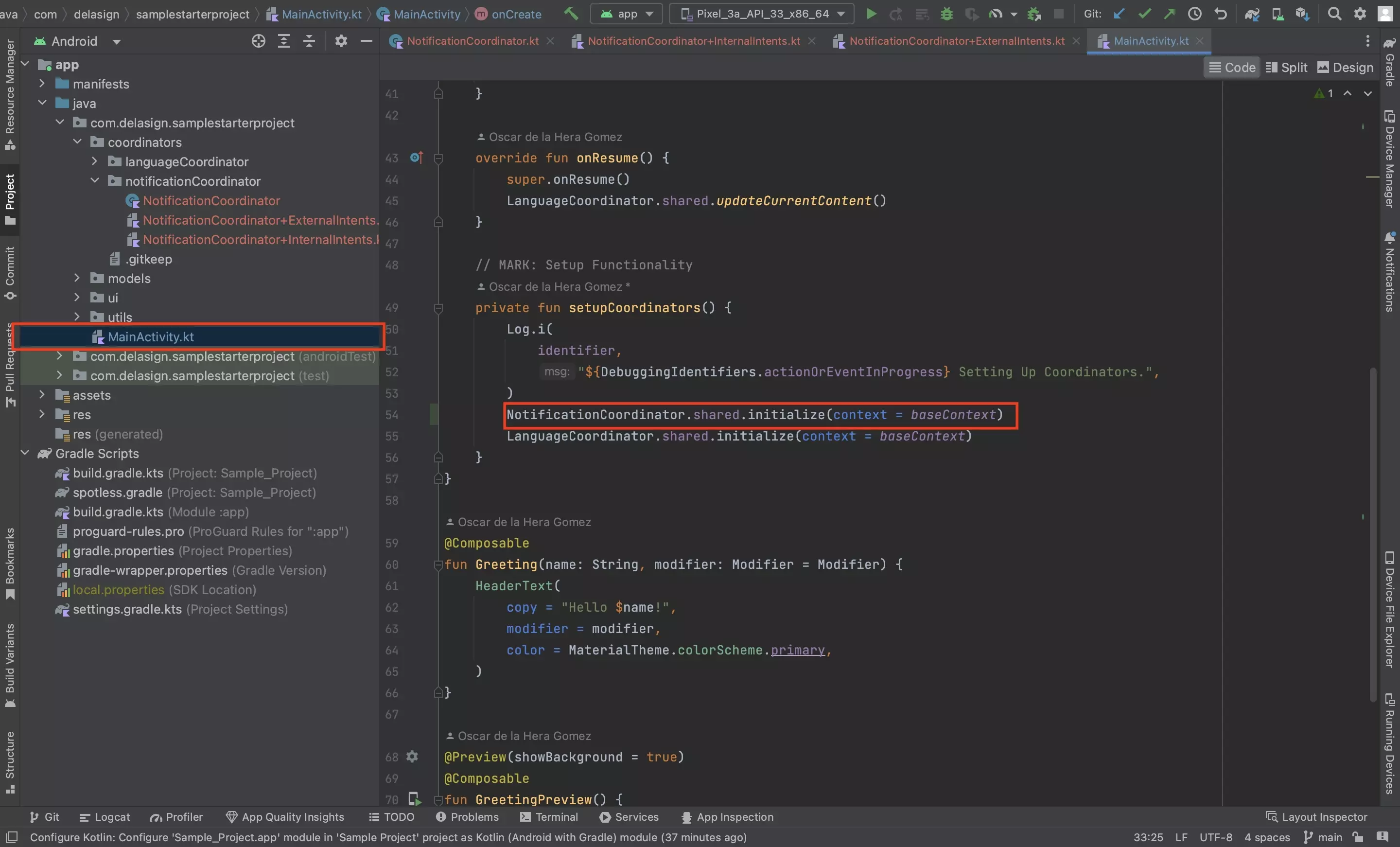 A screenshot of Android Studio showing the MainActivity.kt file, initializing the NotificationCoordinator.