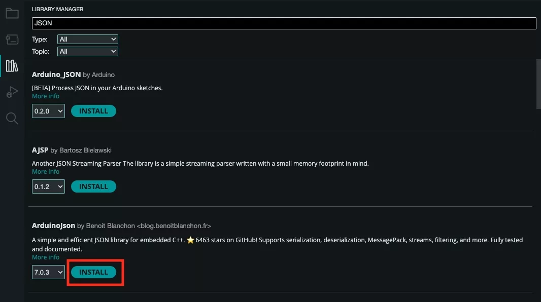 A screenshot of the Arduino IDE highlighting how you can install the Arduino JSON library.