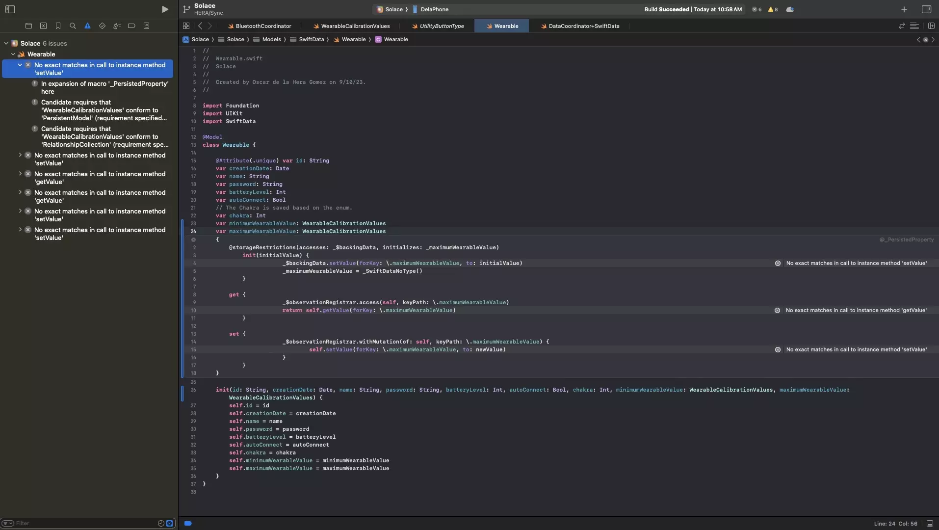 A screenshot of Xcode showing how a build failed when adding a complex value to a SwiftData model.