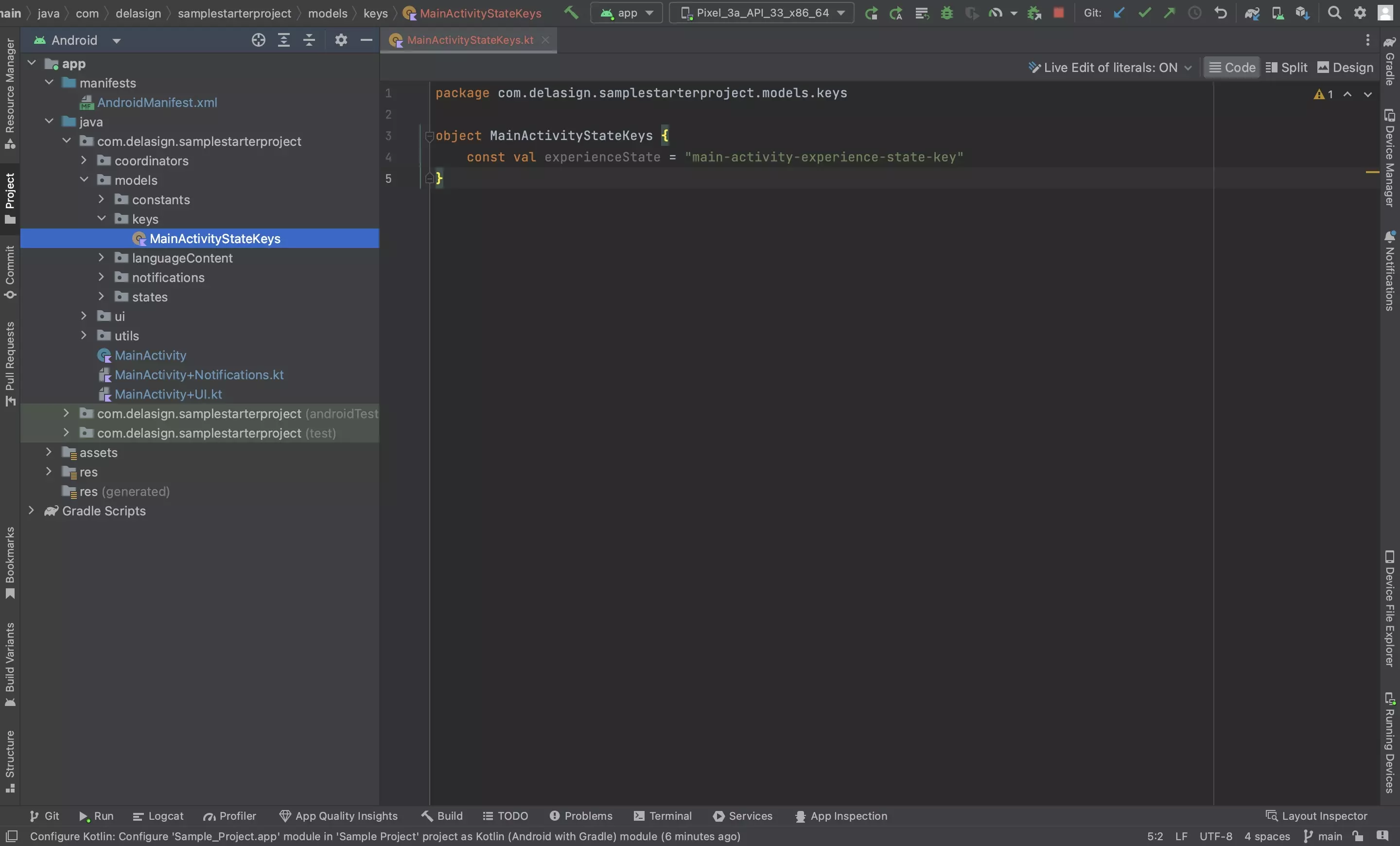 A screenshot of Android Studio showing the MainActivityKeys.kt file that we created along with the ExperienceState key.