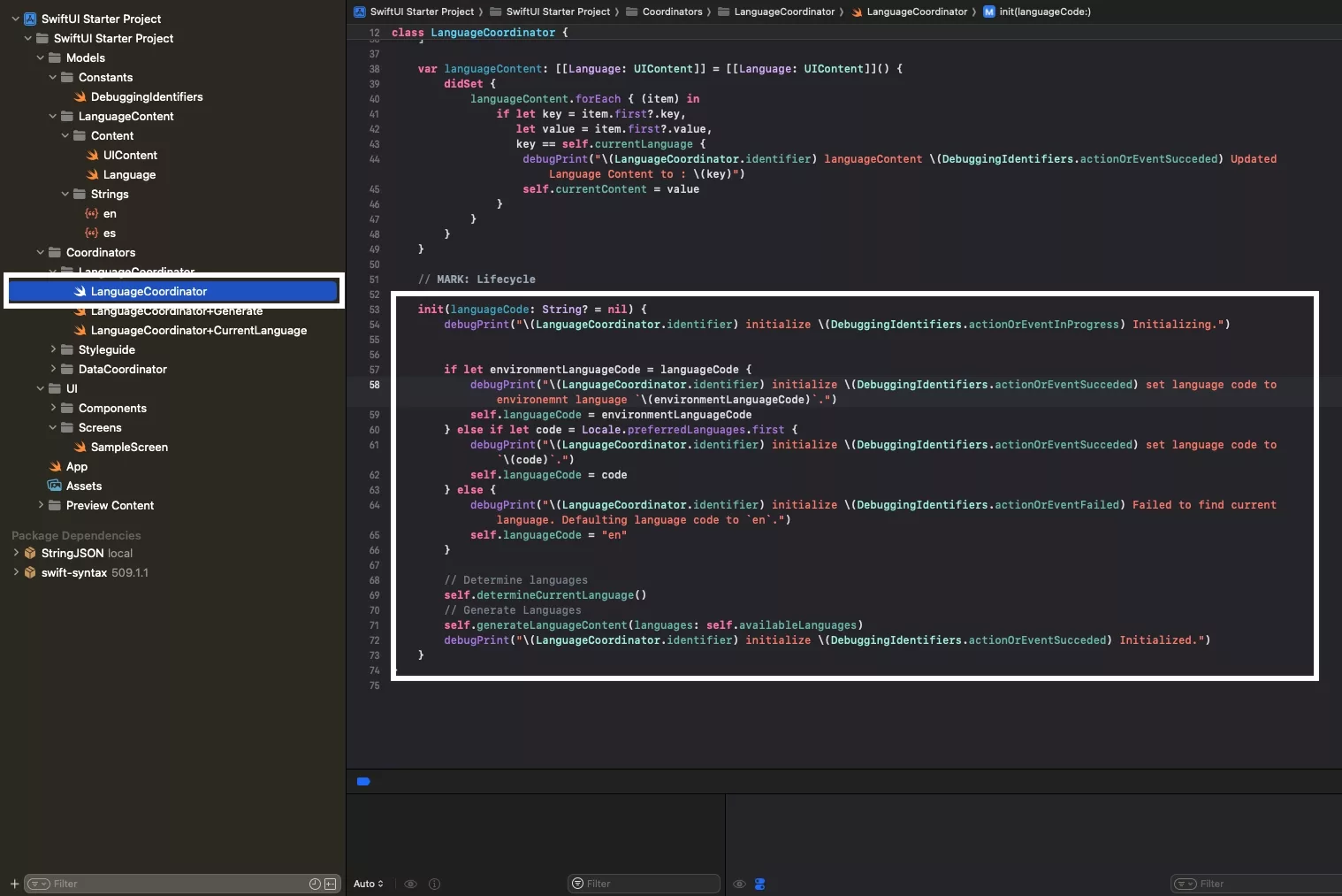 A screenshot of Xcode that shows that the initializer of the LanguageCoordinator has been updated from the prior tutorial.