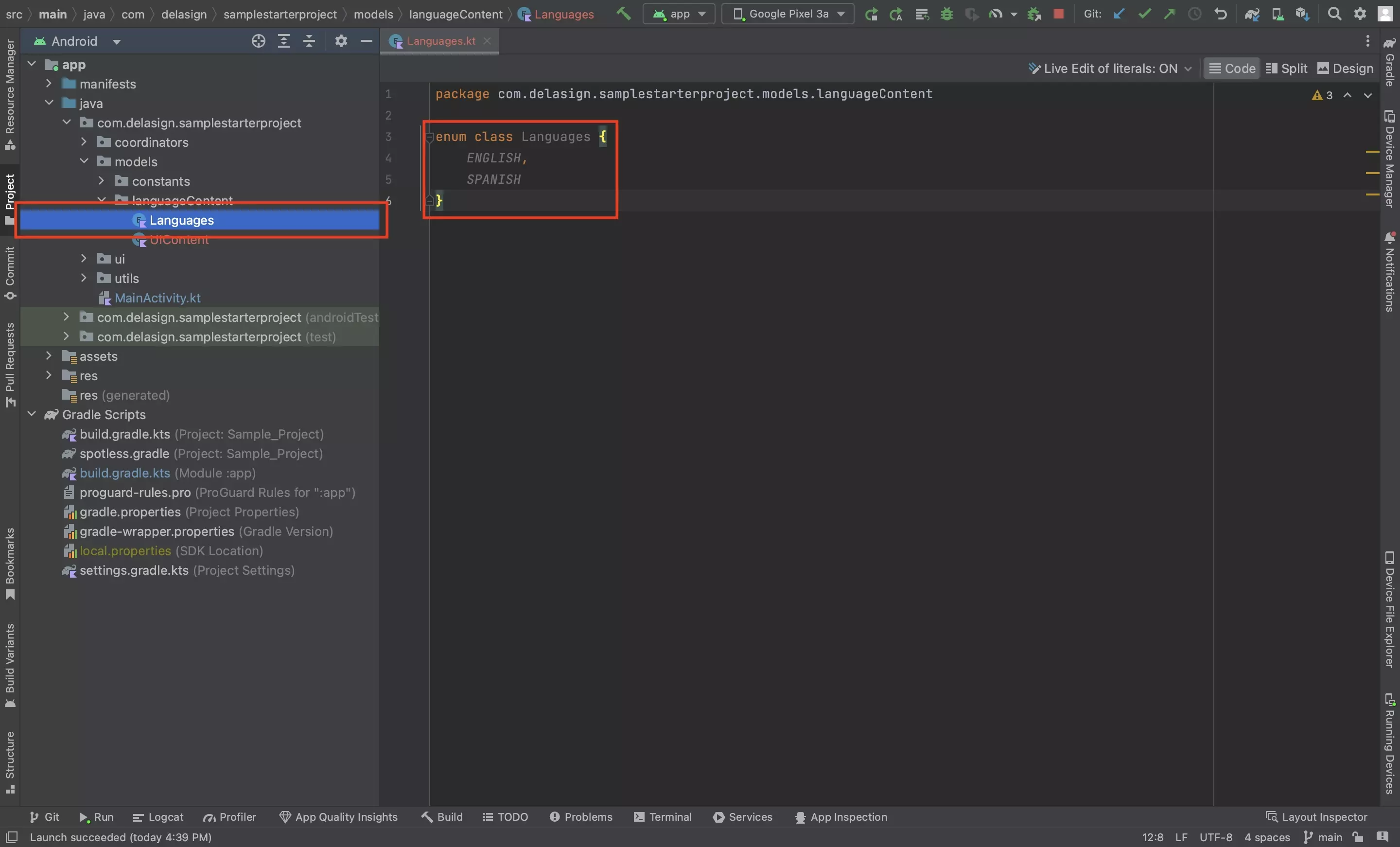 A screenshot of Android Studio showing the Languages.kt file, displaying the languages as Enums.