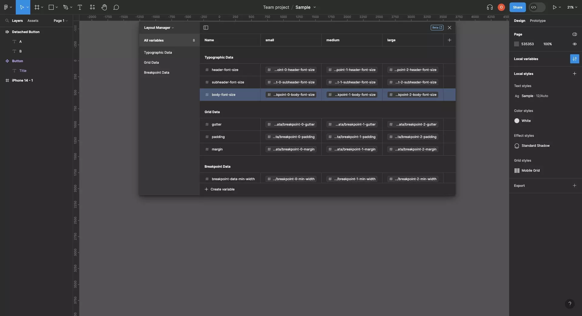 A screenshot of Figma showing the Layout Manager that we created for our sample Design System.