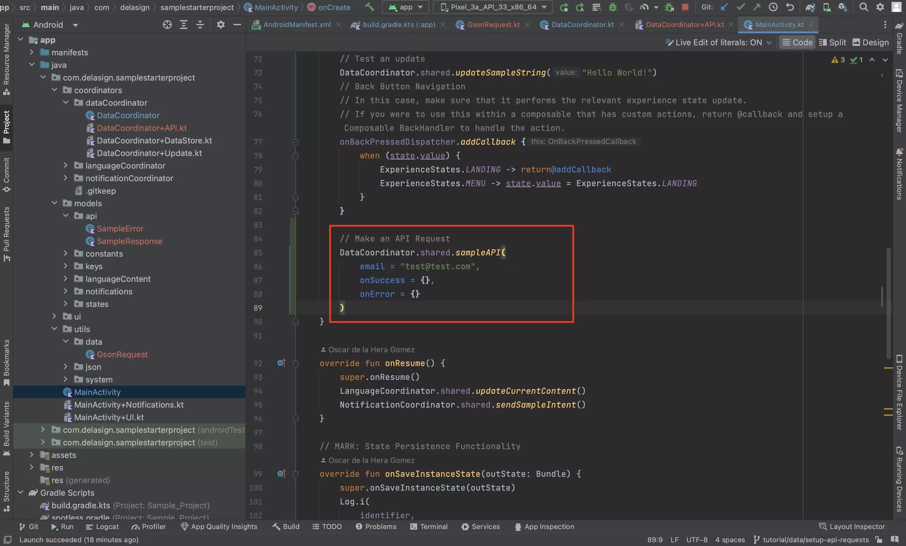 A screenshot of Android Studio showing that we have called the function that makes the API request.