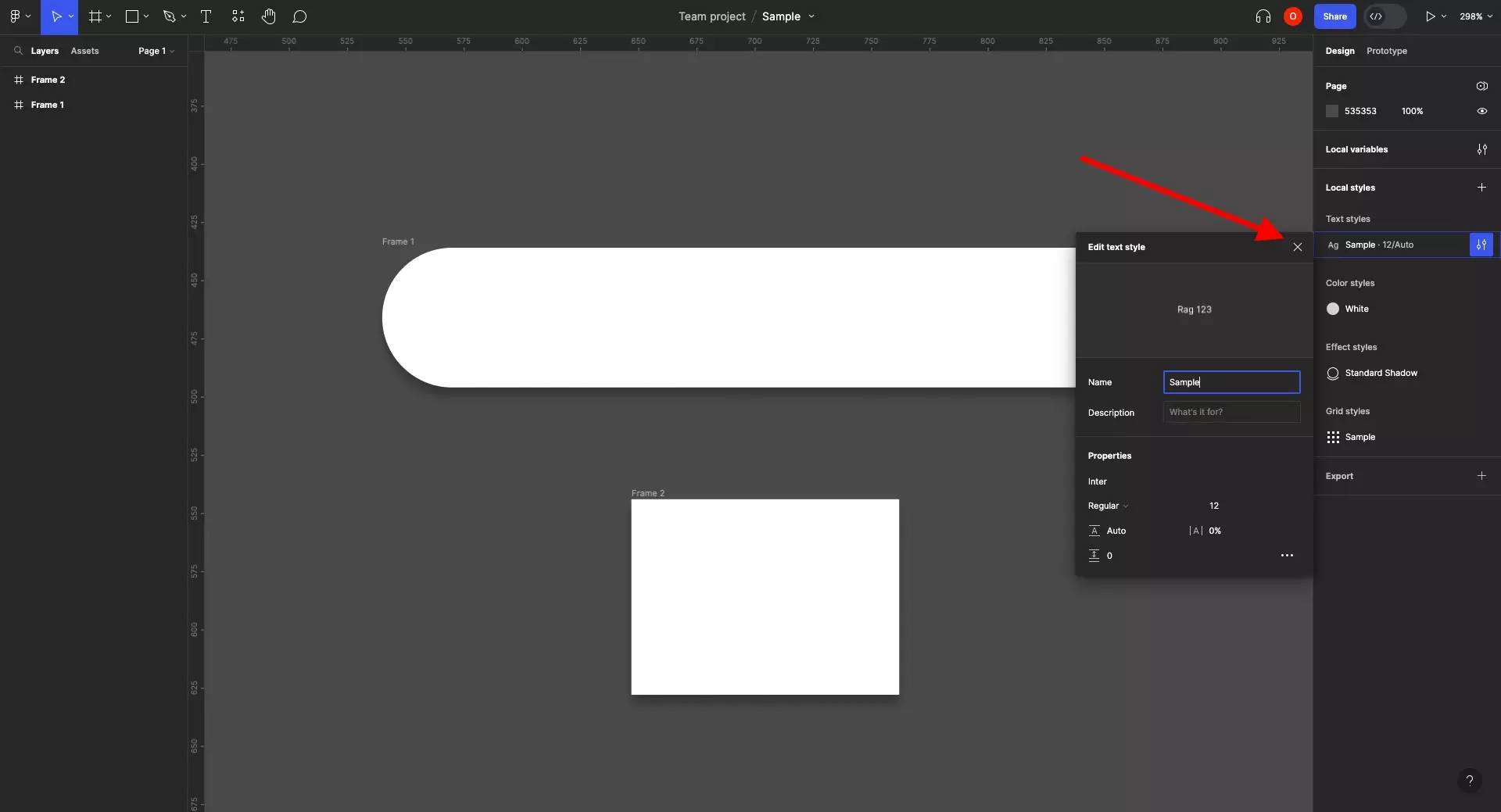 A screenshot of Figma showing a window that allows you to edit a text style. This is the style that we choose to edit when describing this tutorial. We have highlighted the X on the top right of the window. Click this X to close the window once you have made the relevant changes to the style.