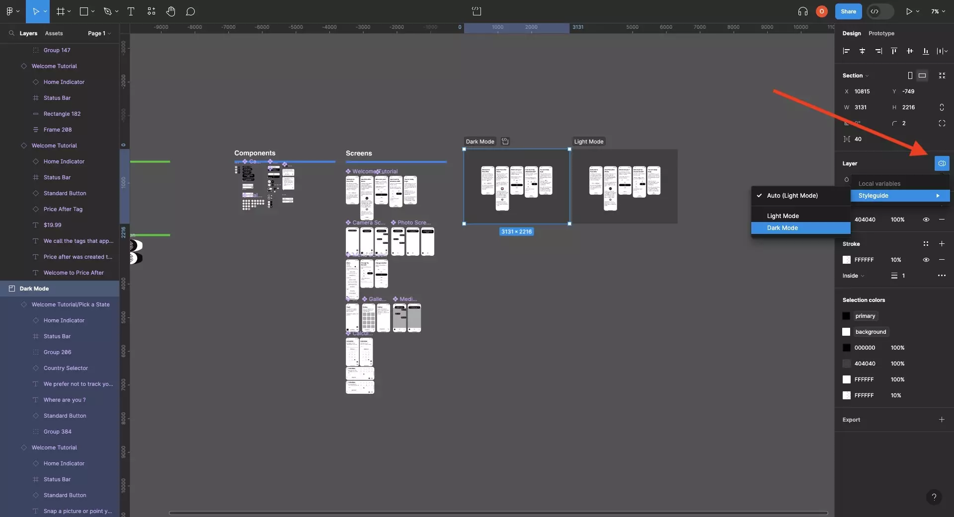 A screenshot of a Figma design files showing UI elements and two sections called "Light Mode" and "Dark Mode,” each mode contains an element that makes use of the collection that holds the modes. We have highlighted that if you select the section, and click the change variable mode button found on the right menu side bar under layer, you can set the variable mode for each of the collections present in the section.