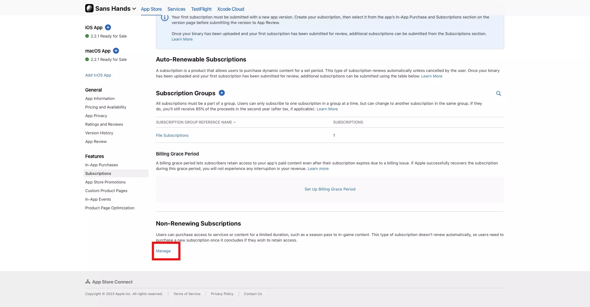 A screenshot of the App Store Connect Subscriptions Page, highlighted at the bottom is the manage hyperlink that sits below non-renewing subscriptions.