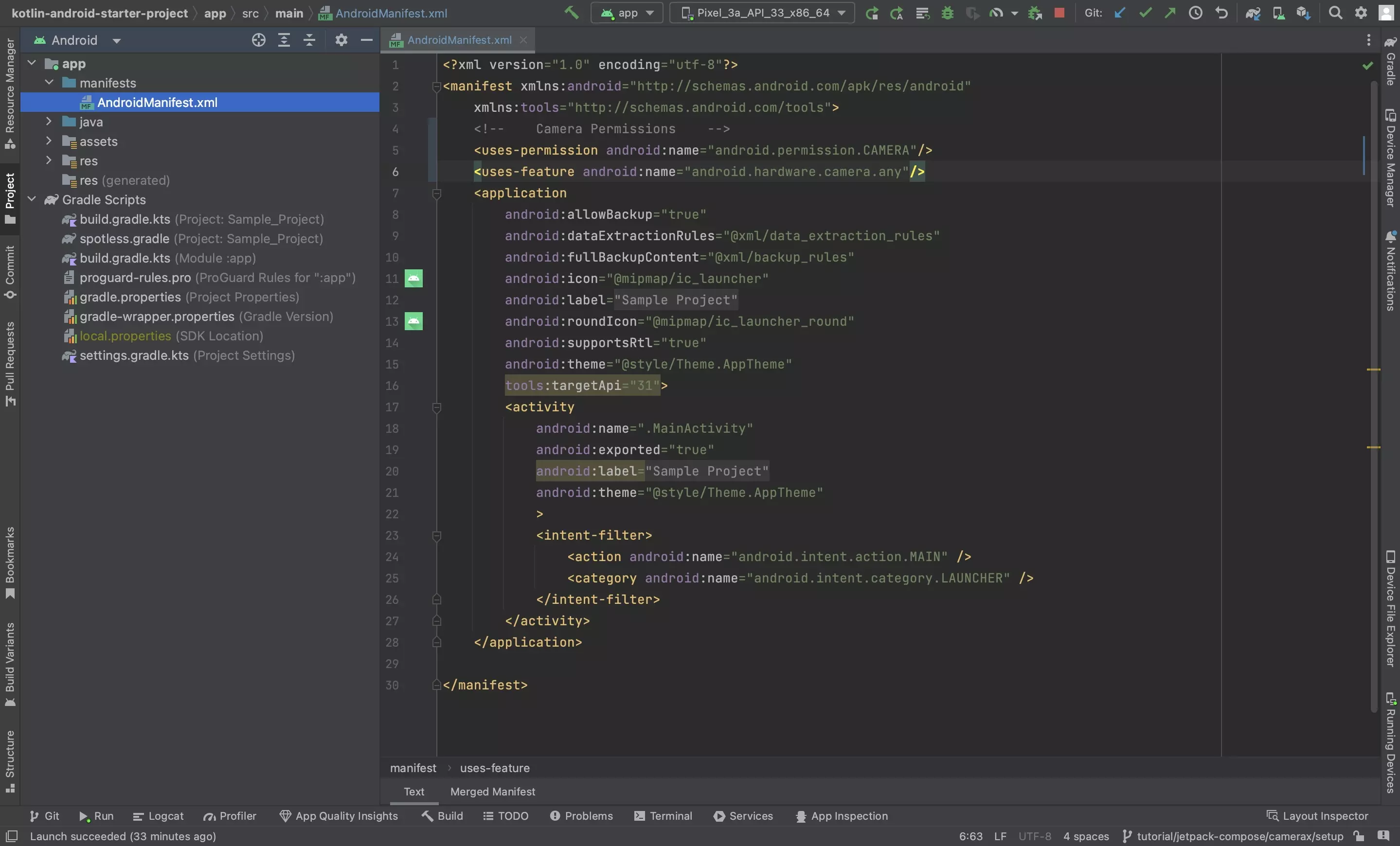 A screenshot of Android Studio showing you how to add the camera permissions and hardware feature to the AndroidManifest.xml. Code available below.