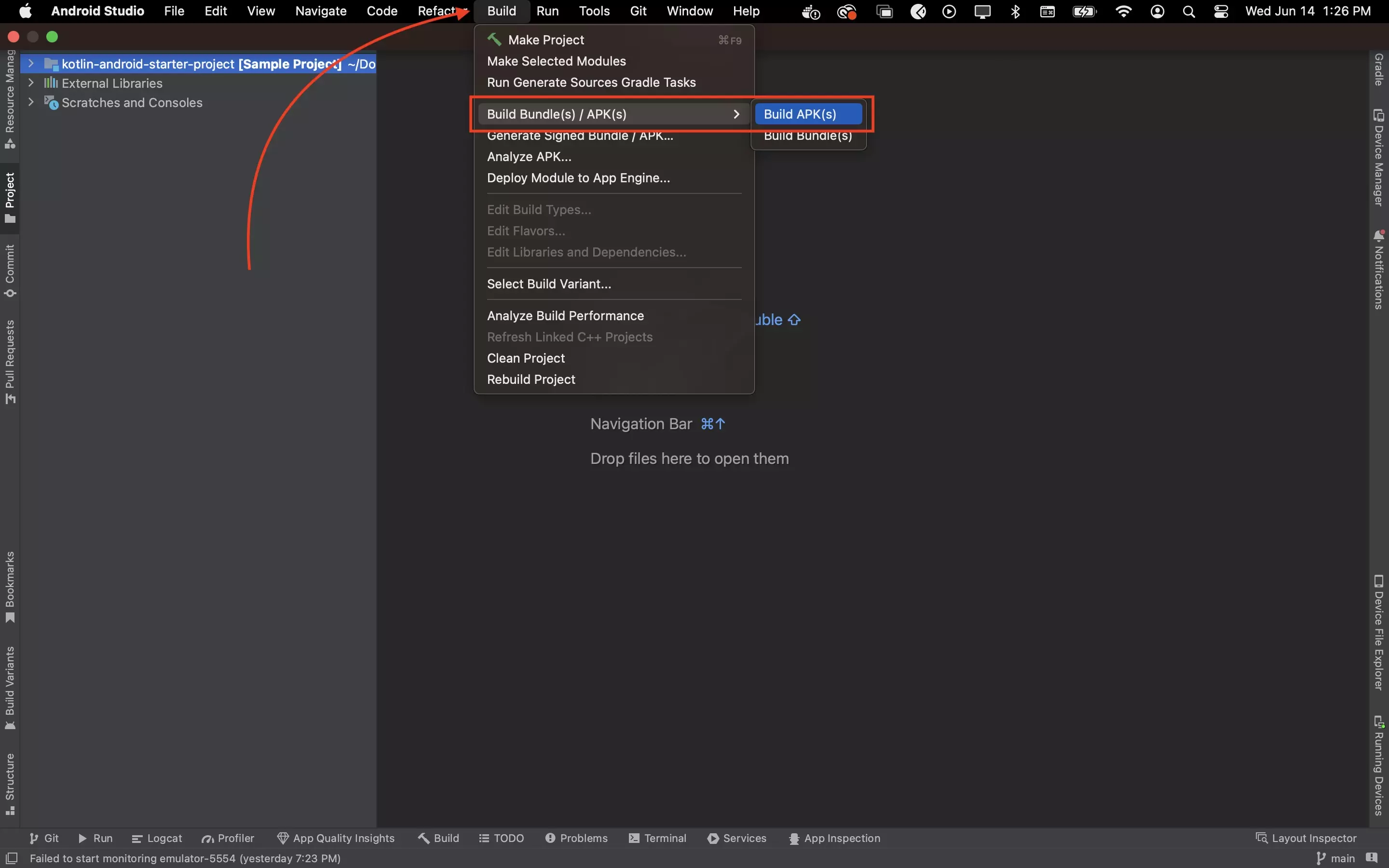 A screenshot of Android Studio showing the location of the Build menu. We have also highlighted the Build Bundle(s) / APK(s) and the Build APK(s) menu options.